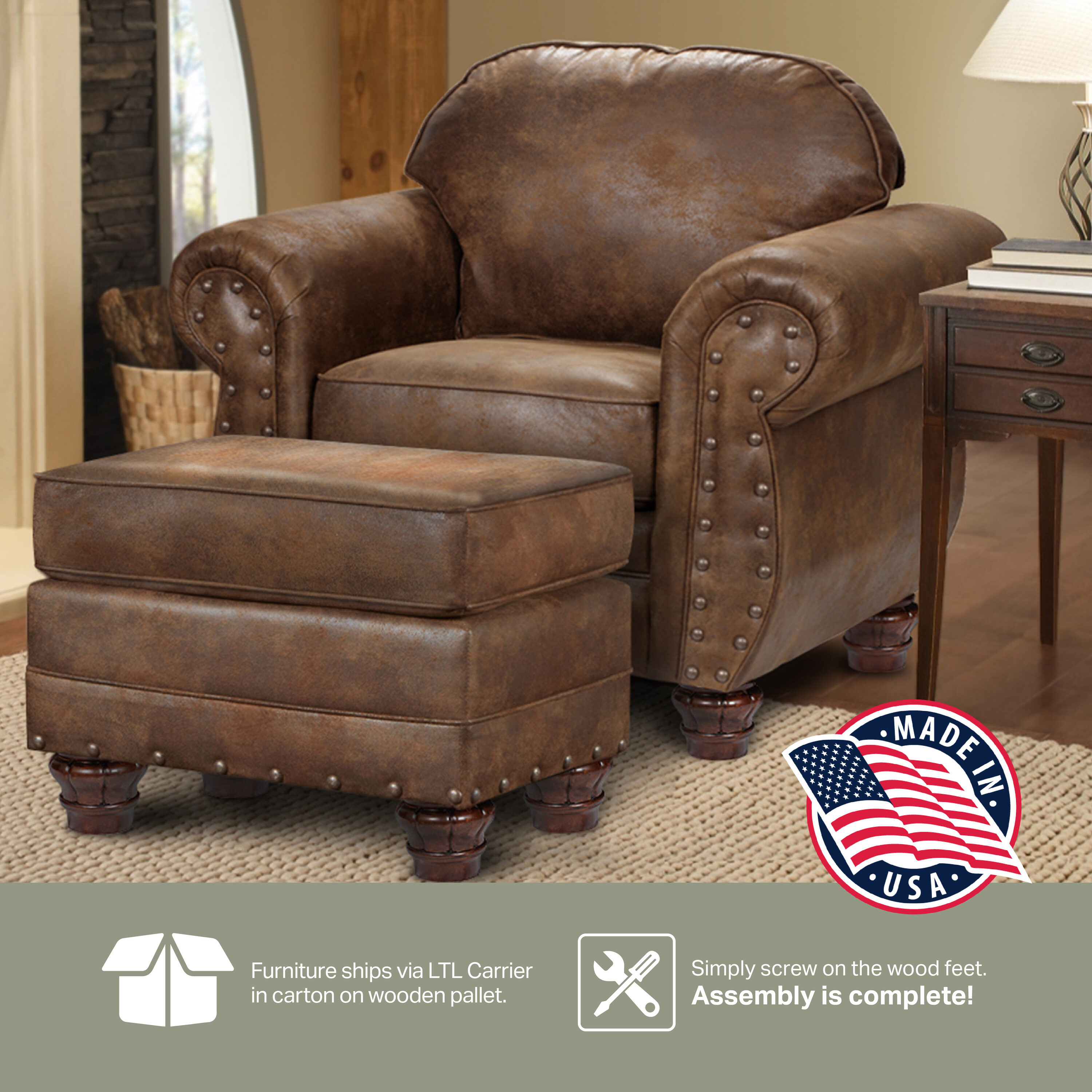 Rustic Brown Microfiber Accent Chair with Ottoman