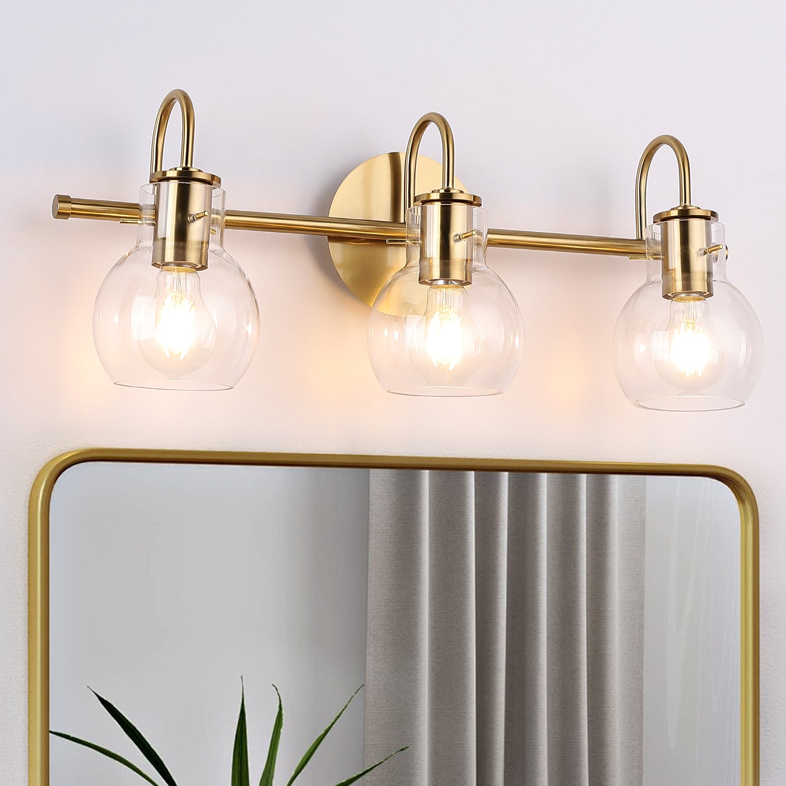JOOSENLUX 23.6-in 3-Light Brass Modern Bathroom Vanity Light with Globe Glass Shades