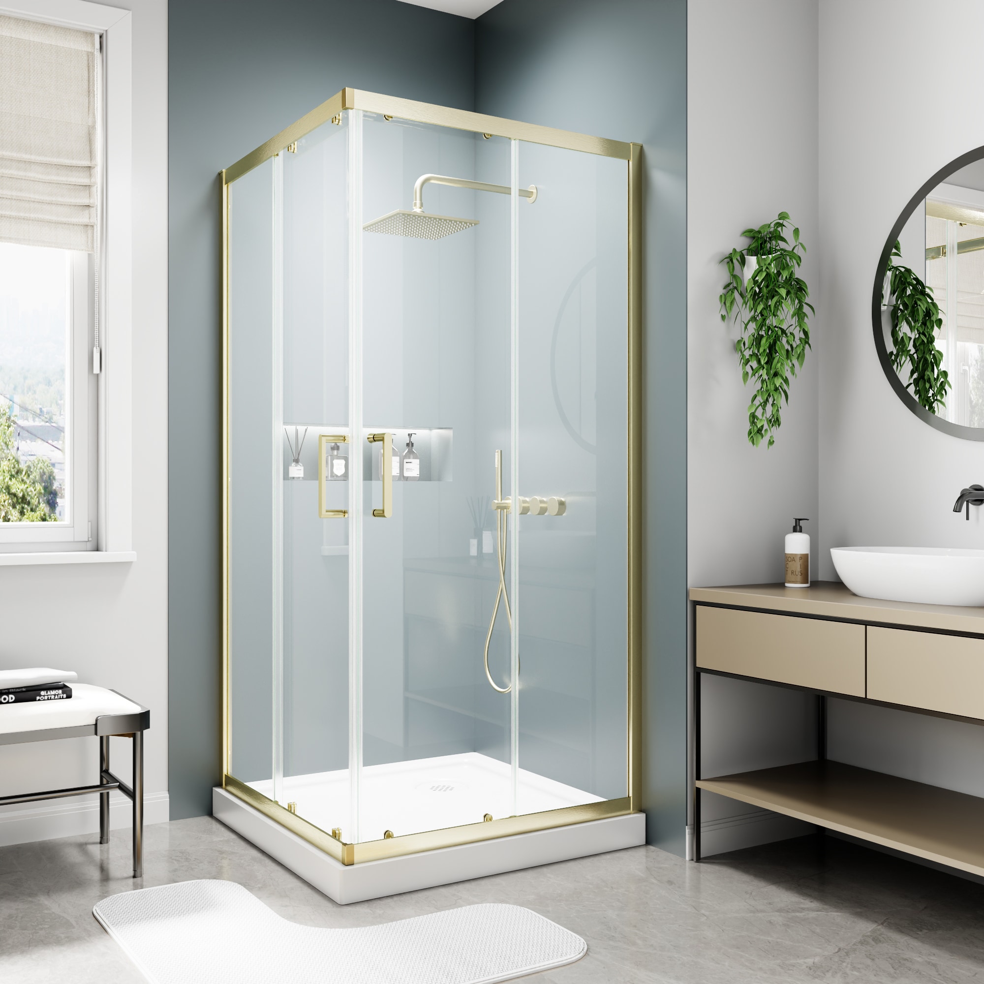 AAZJ JKF-MC04-6036SF2 E05 Corner Shower Door Brushed Gold 36-in W x 71-in H Framed Clear Glass Sliding Shower door