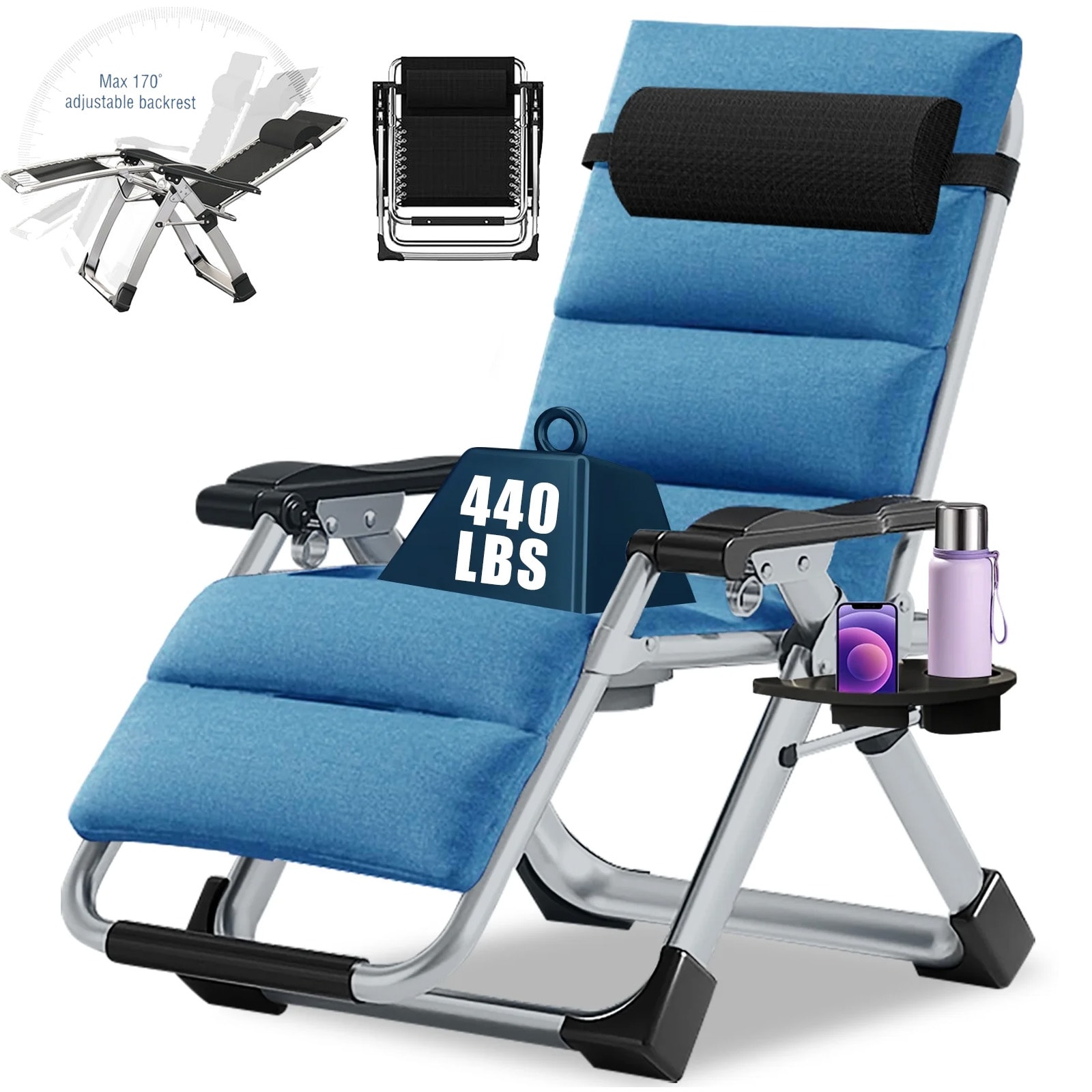 Esazn K16ZDY-20-LYU01 Lounge Chair Stackable Sky Blue Steel Frame Stationary Zero Gravity Chair with Green Cushioned Seat