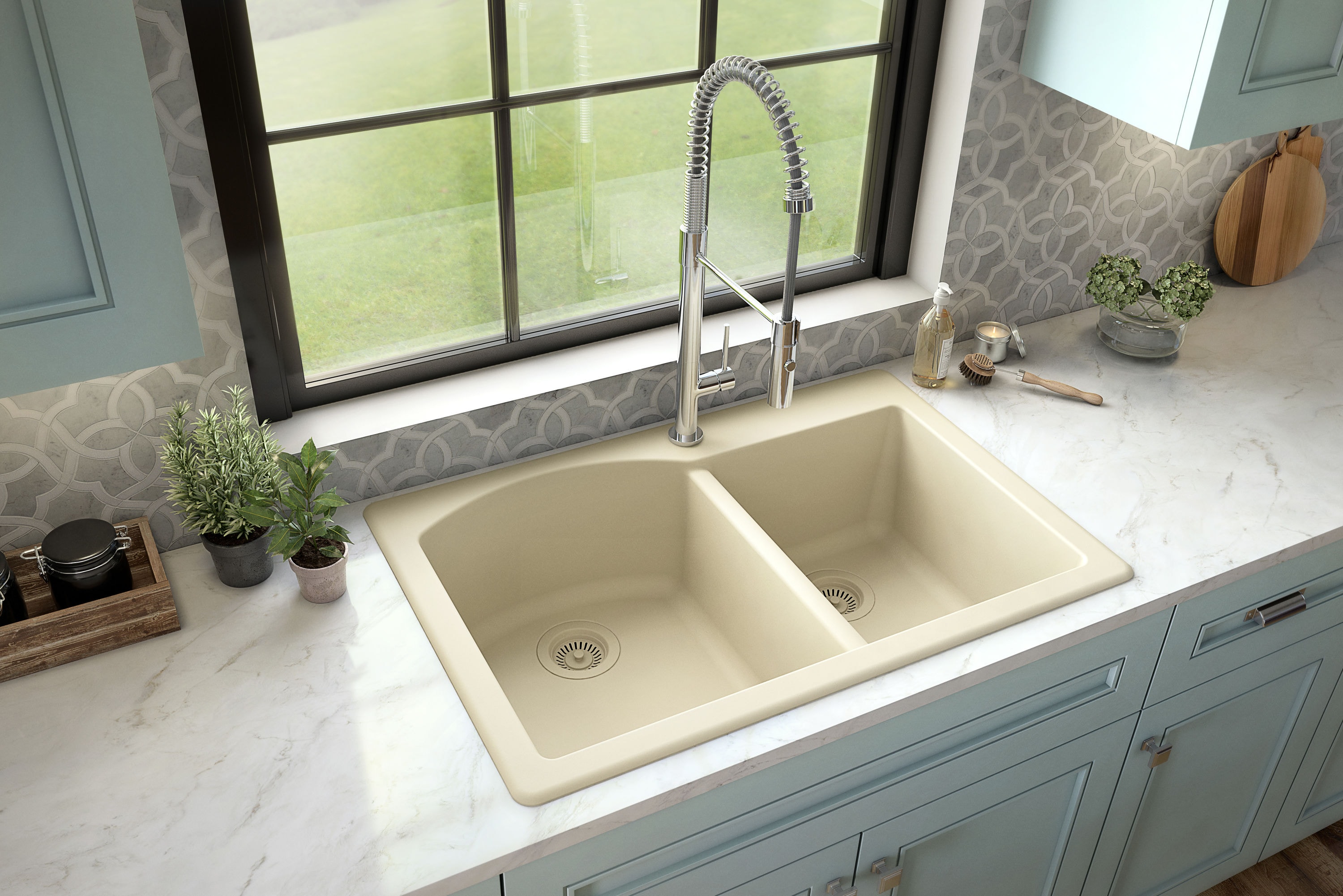 Karran QT-610-BI Drop-in or undermount 33.0-in x 22.0-in Quartz Double offset bowl 1-Hole Kitchen Sink