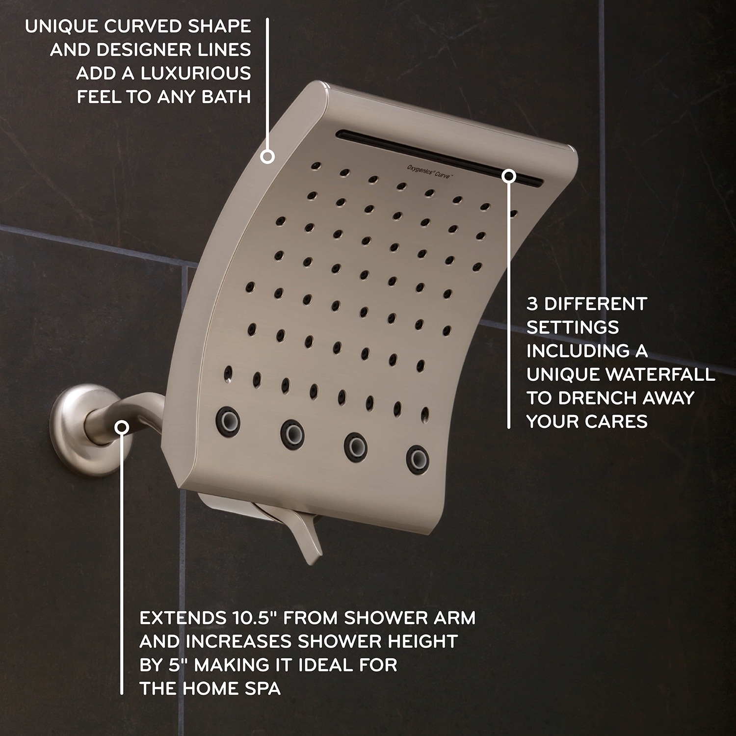 Oxygenics Curve Brushed Nickel Rectangle Rain Shower Head Fixed Shower Head  1.8-GPM (6.8-LPM)