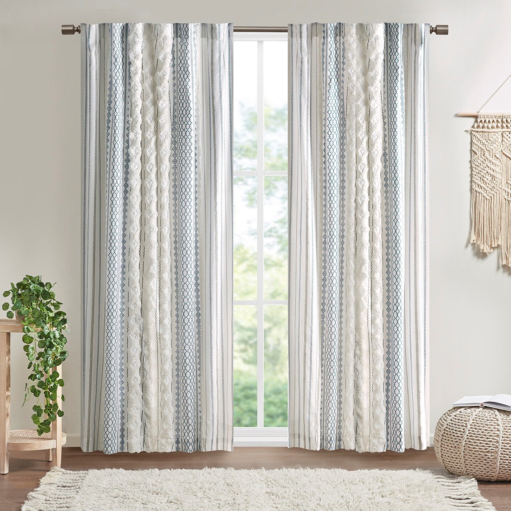 LOVMOR - Cotton Printed Curtain Panel with Chenille Stripe and Lining White and Navy 50 x 84 inch