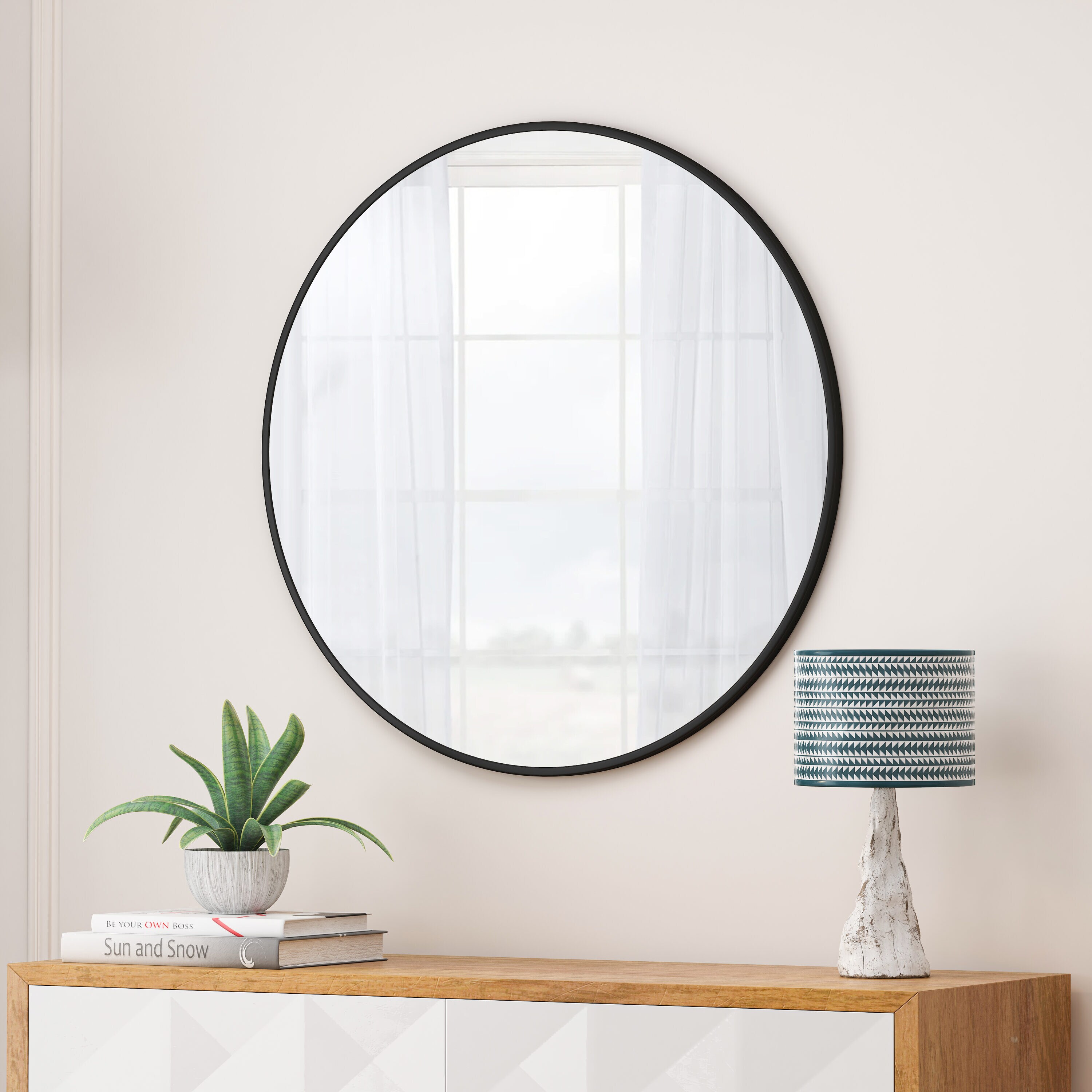 AAZJ FS-MR28BK 28-Inches x 28-Inches Beveled Round Bathroom Vanity Mirror ( black )