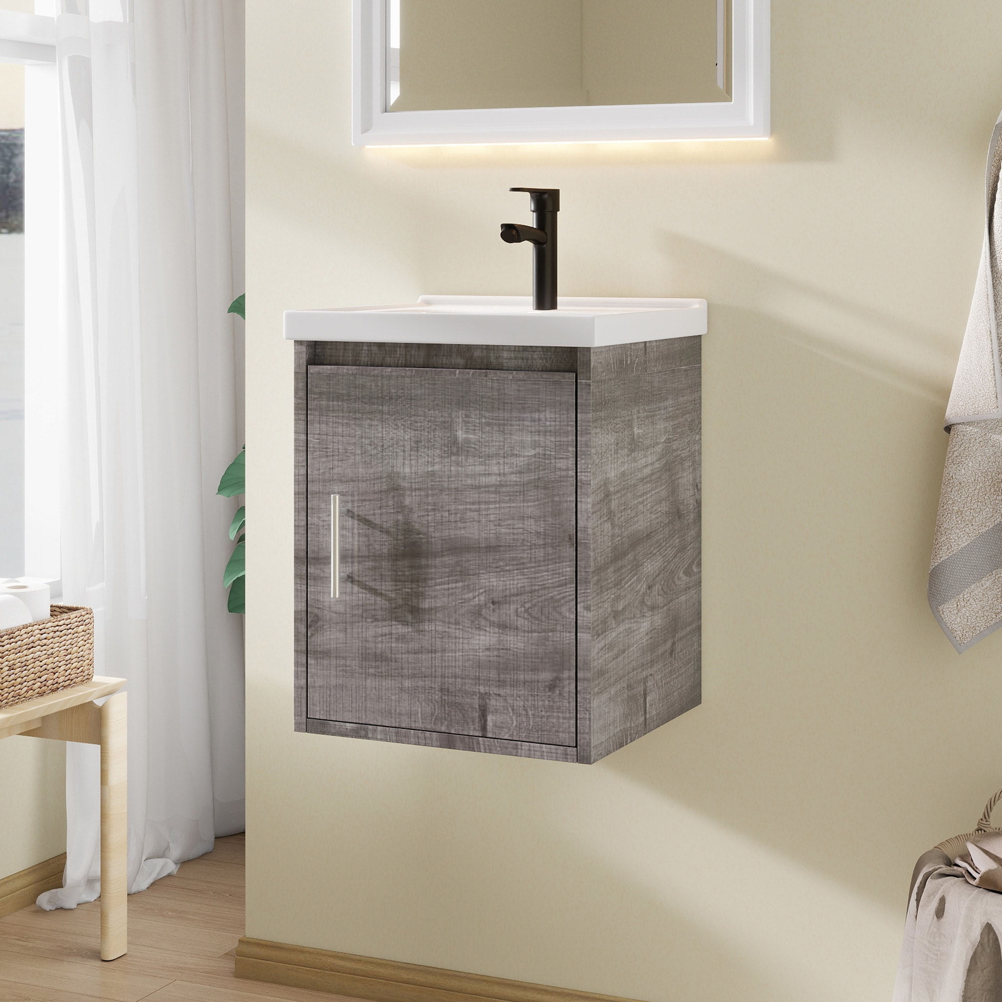 Basdien 16 in Light Gray Floating Bathroom Vanity Wall Mounted Plywood Cabinet with Ceramic Sink and Soft Close Door Space Saving Modern generous capacity organized clutter free daily essentials towels toiletries easy clean glossy basin faucet