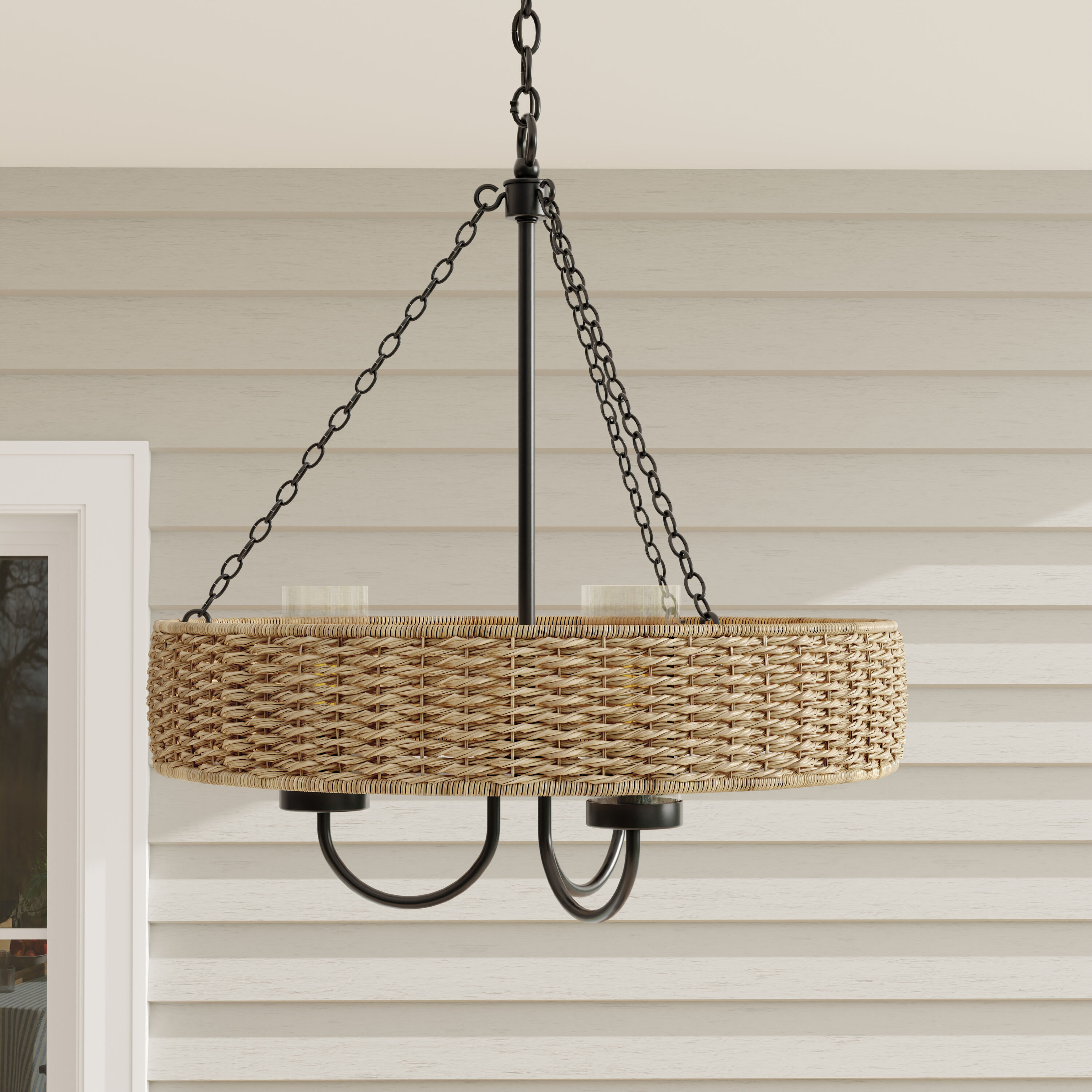 Pembroke Matte Black Outdoor Chandelier with Mocha Rattan and Seeded Glass