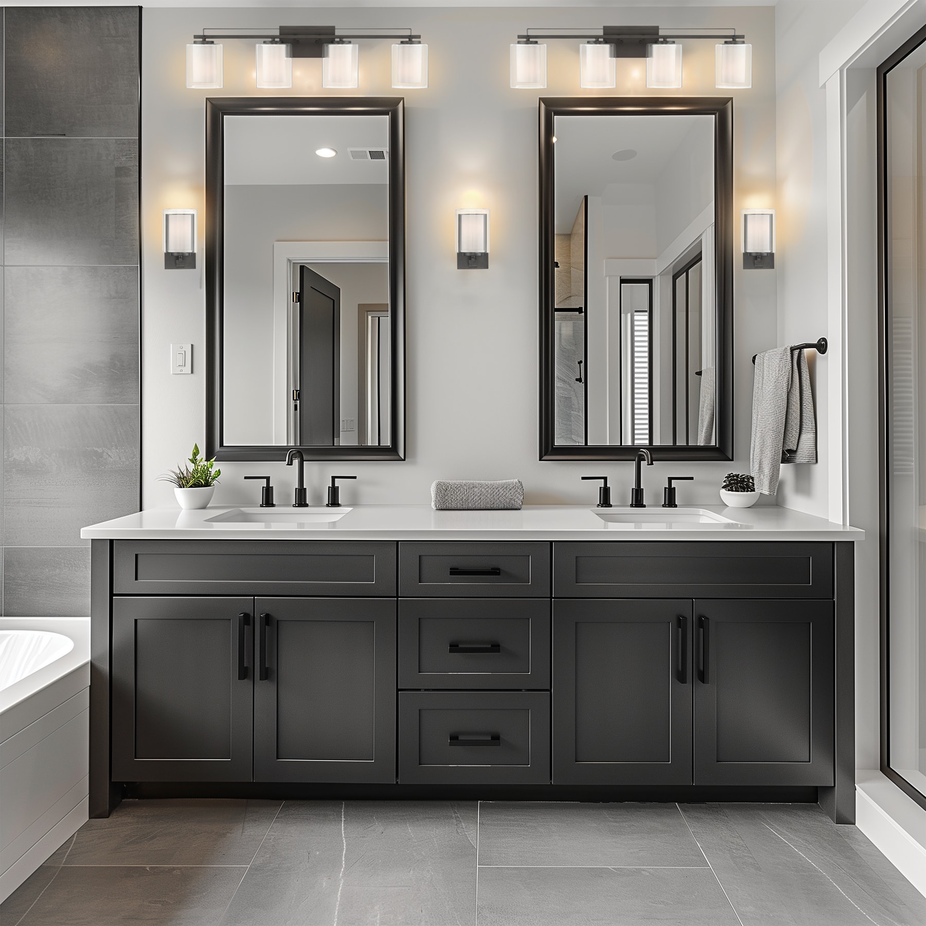 Transitional Smoked Iron 4-Light Bath Bar with Etched White Glass