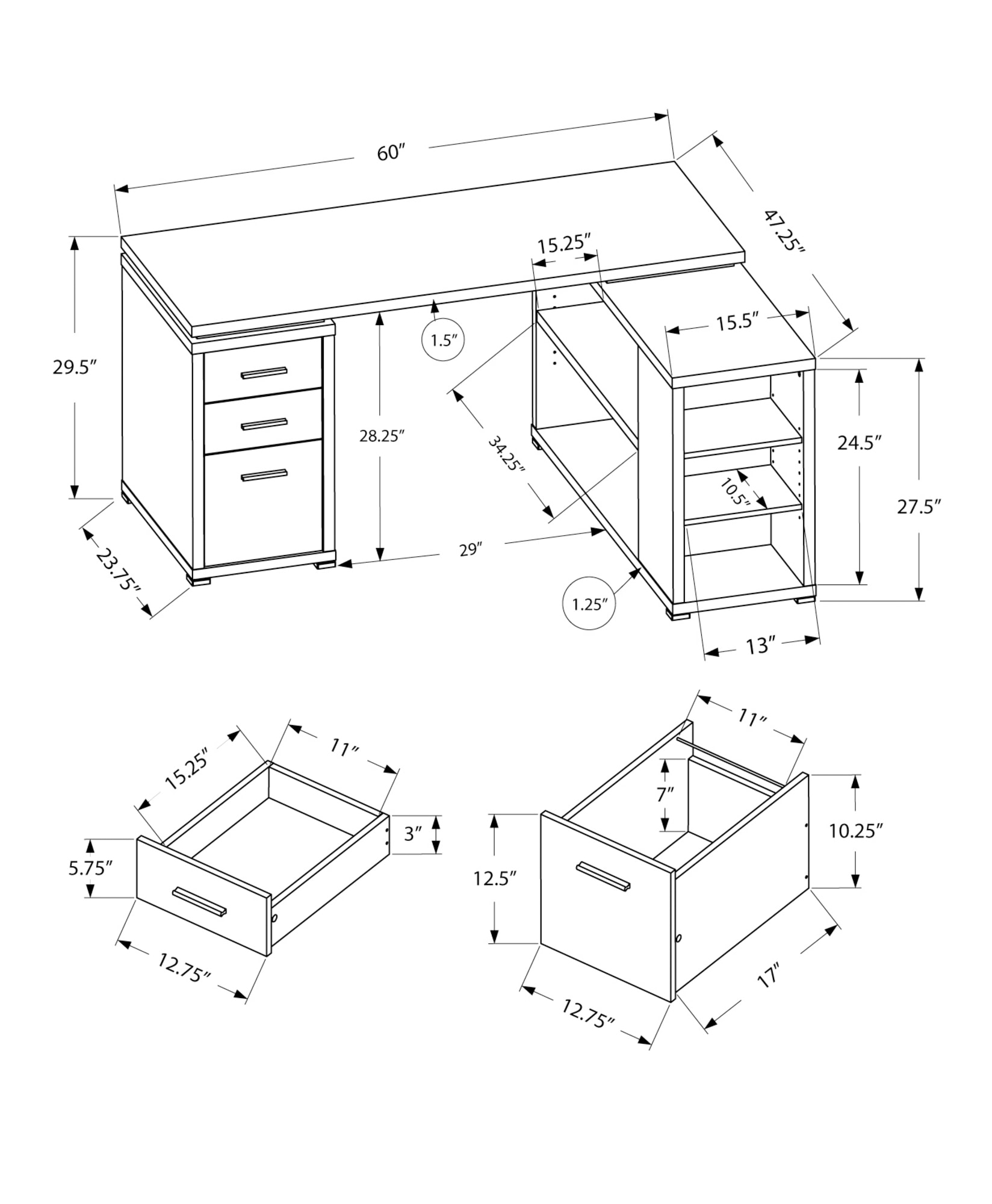 Monarch Specialties 60-in White Modern/Contemporary Rubberwood L-shaped ...