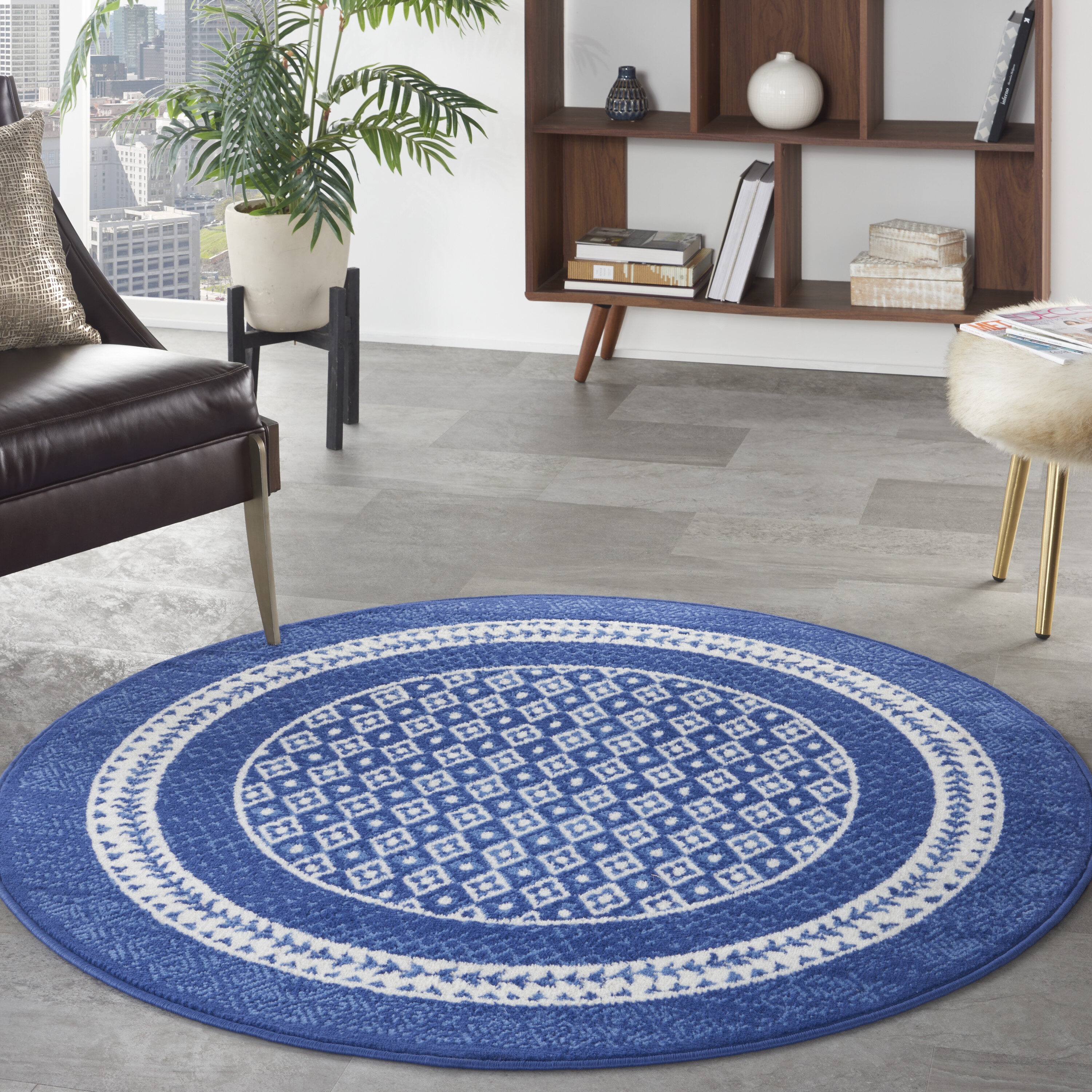 Nourison 99446834225 Whimsicle 5 x 5 (ft) Loomed Polypropylene Navy Round Indoor Border Area rug