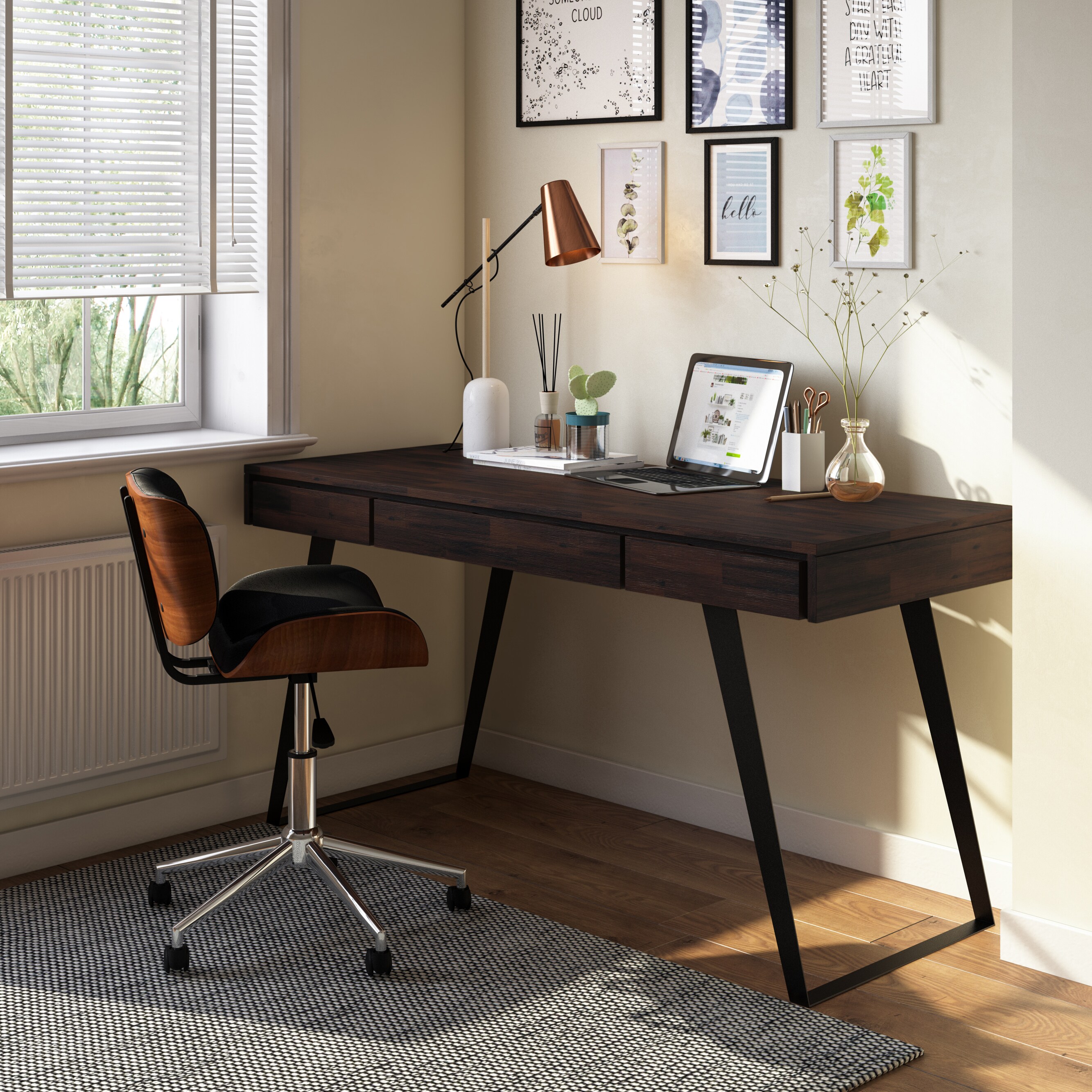 Erina Solid Acacia Wood Small Desk in Distressed Charcoal Brown