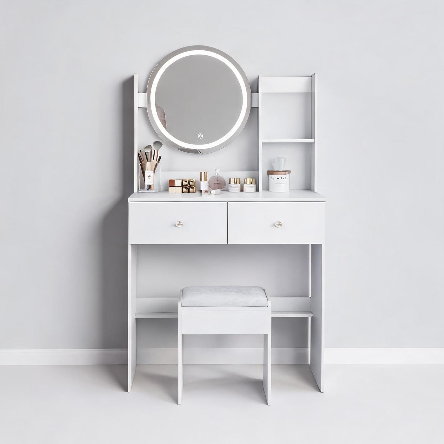 Naturefalls Modern White Vanity Set with Cushioned Stool Built-in Charging Ports and LED Mirror