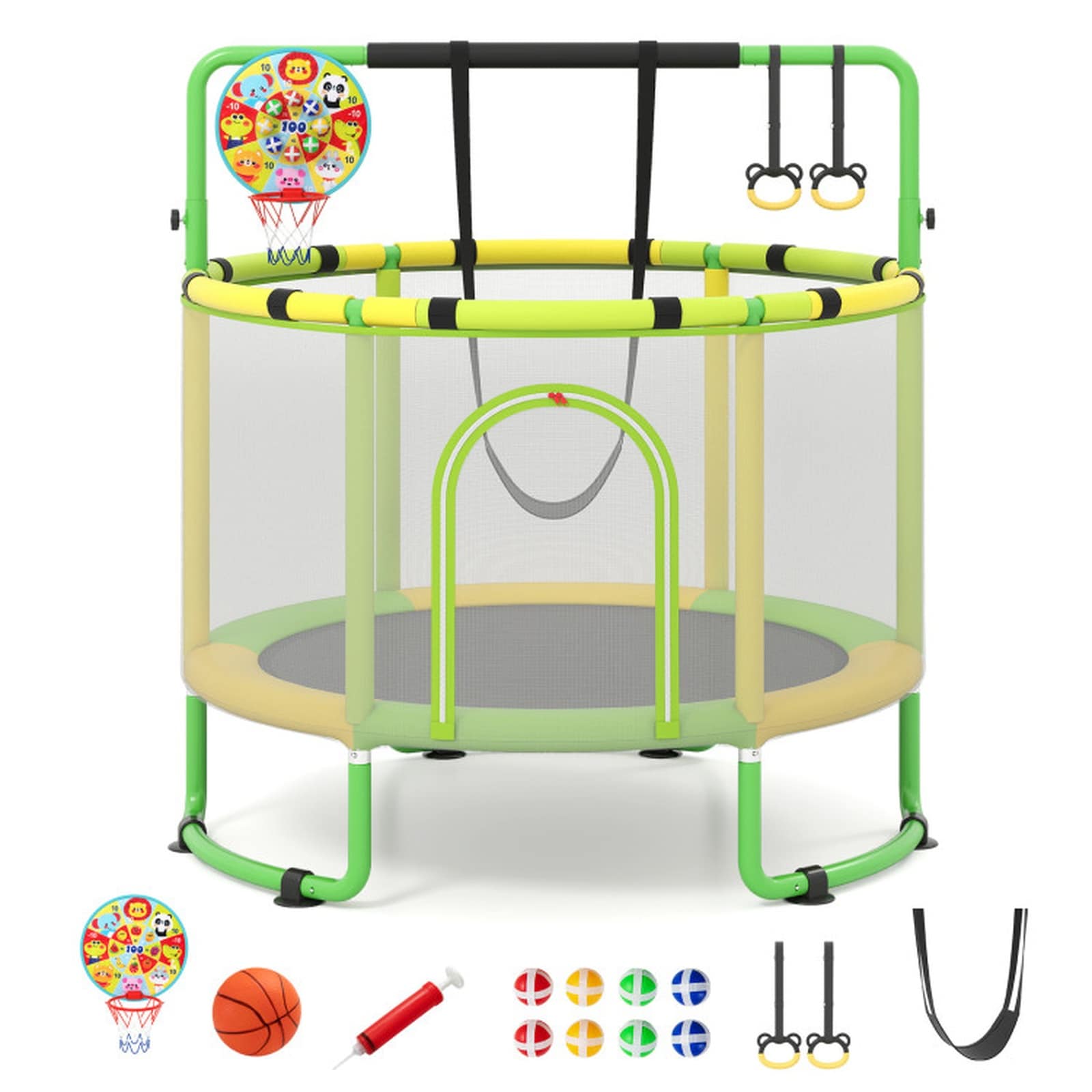 SUGIFT 60-in 6-in-1 Kids Toddler Trampoline with Gymnastics Bar Enclosure Net and Swing Green