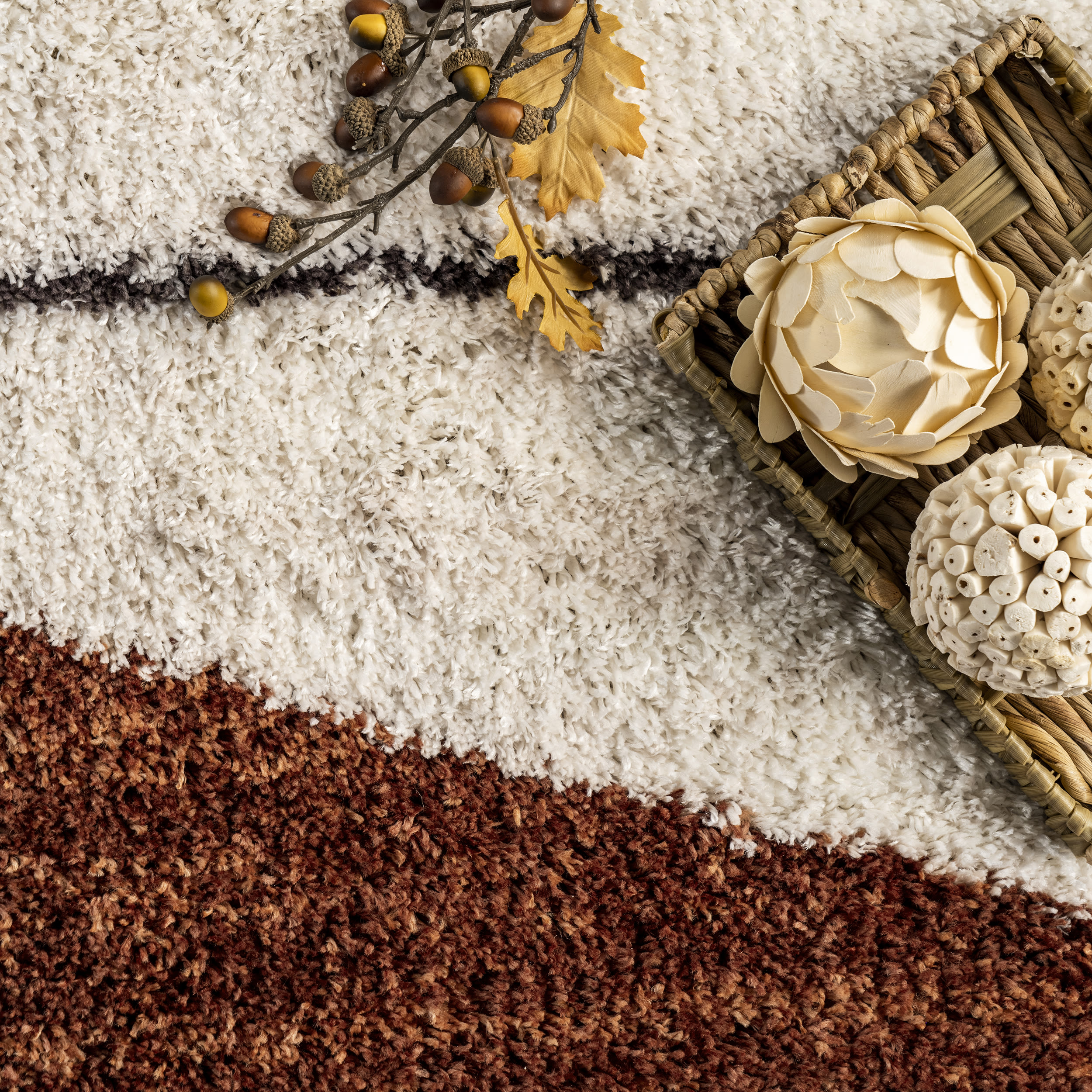 Rust and Ivory Geometric Shag 8' x 10' Synthetic Area Rug