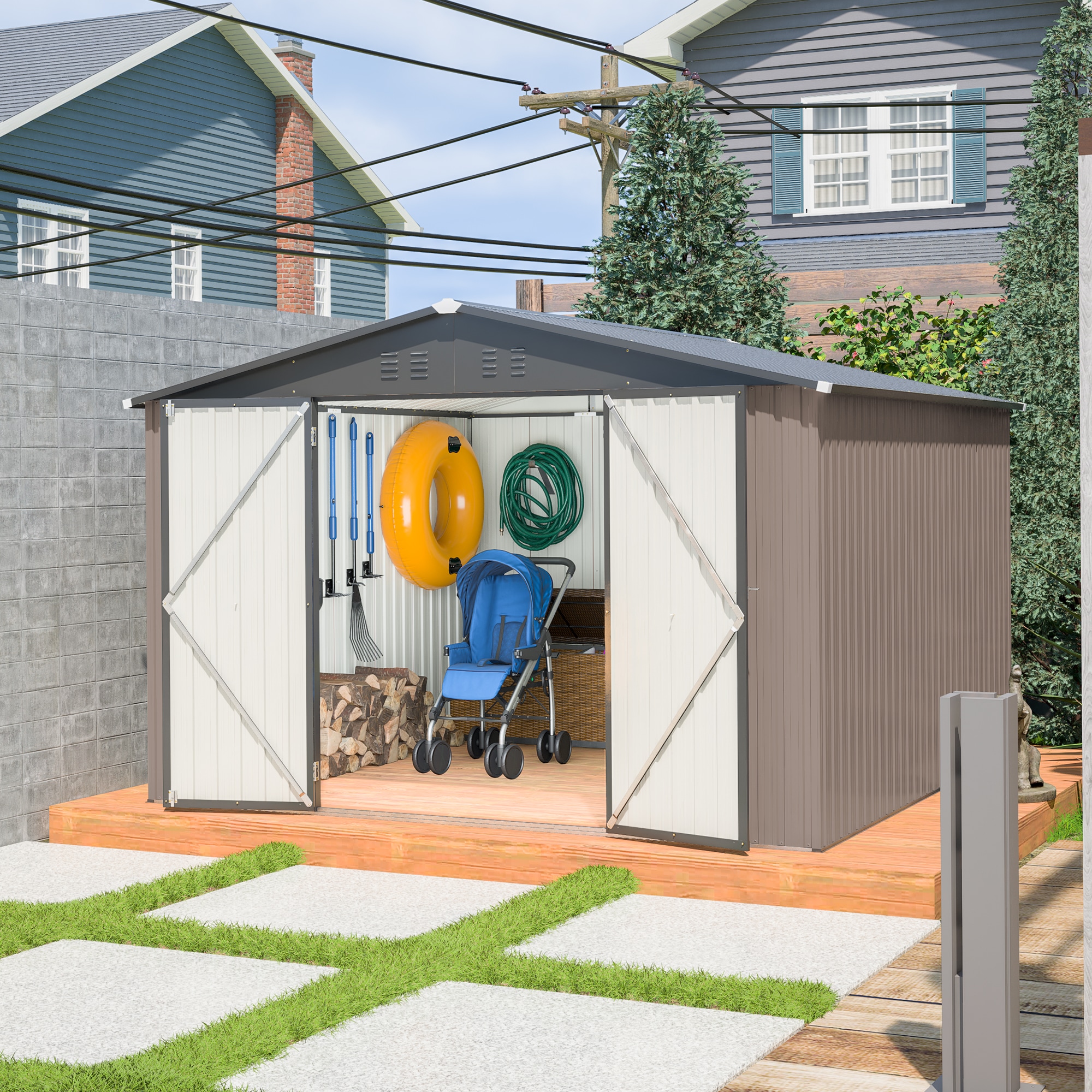 GDFStudio 323104 Maloa Steel Storage Shed 10x10 Brown
