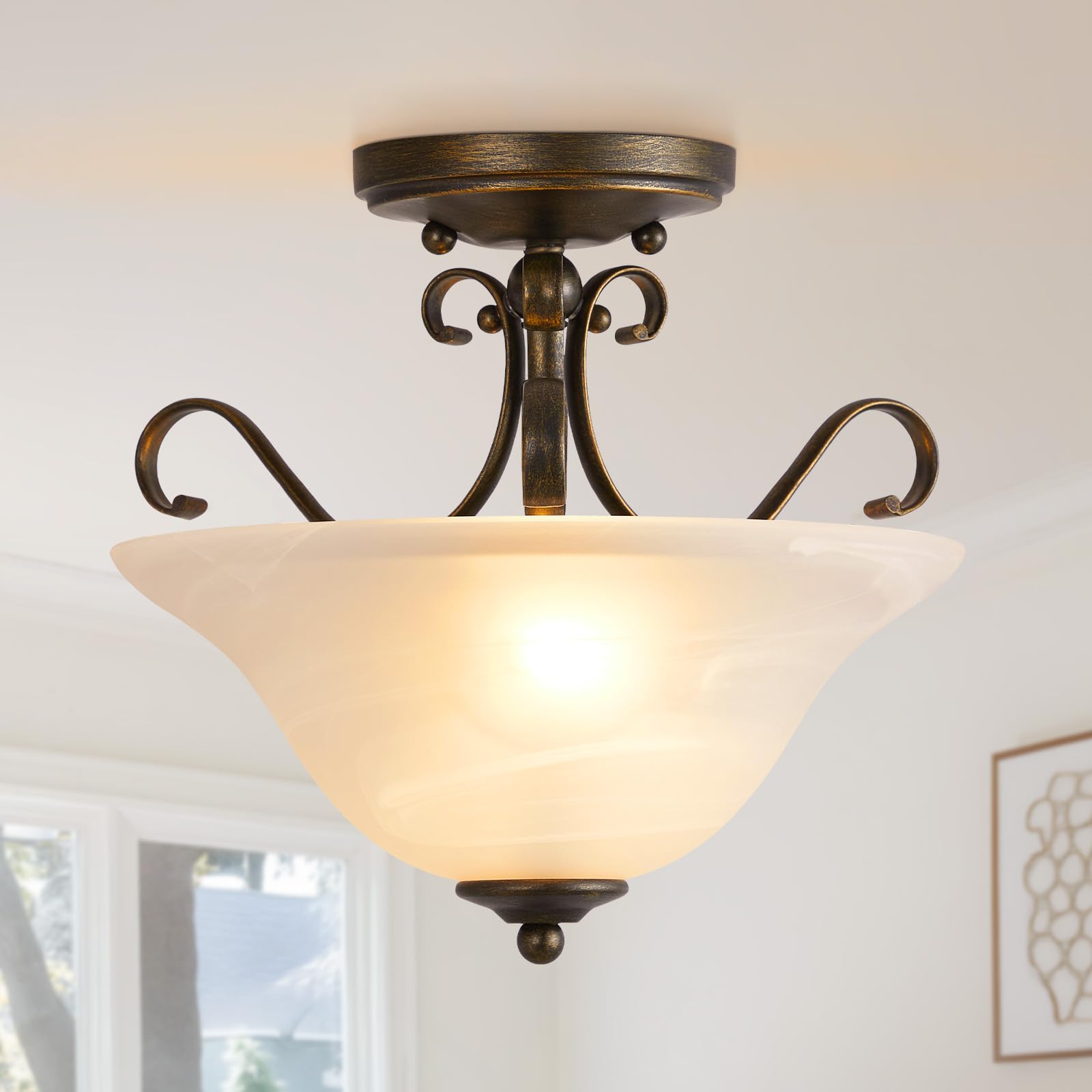 Oyezvary  12 inch Semi Flush Mount Ceiling Light Brass Finish Glass Shade Mid Century Modern Style for Bedroom Kitchen Porch Hallway
