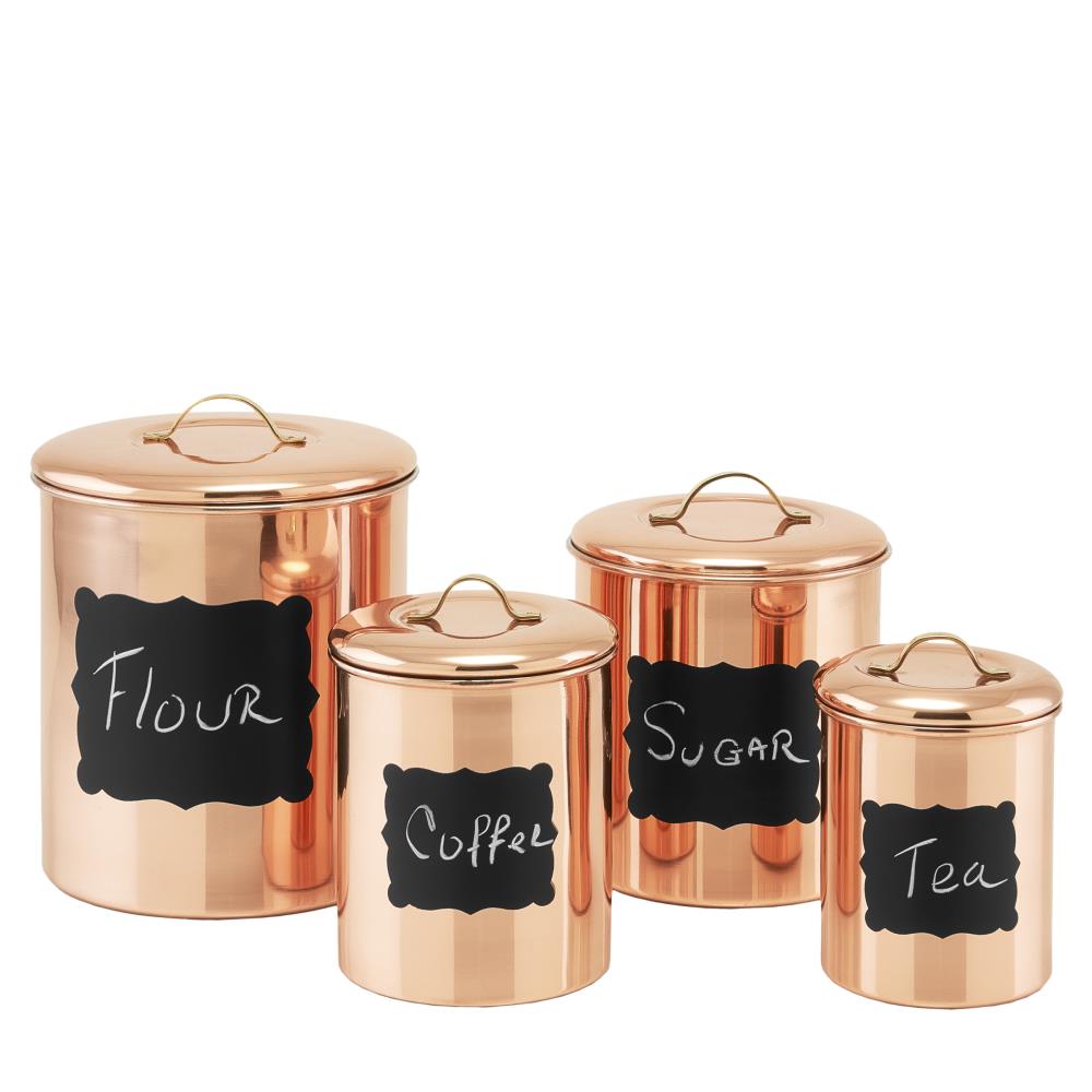 White Tea Coffee Sugar Set Metal Steel Canisters Jars Tins Decor Copper