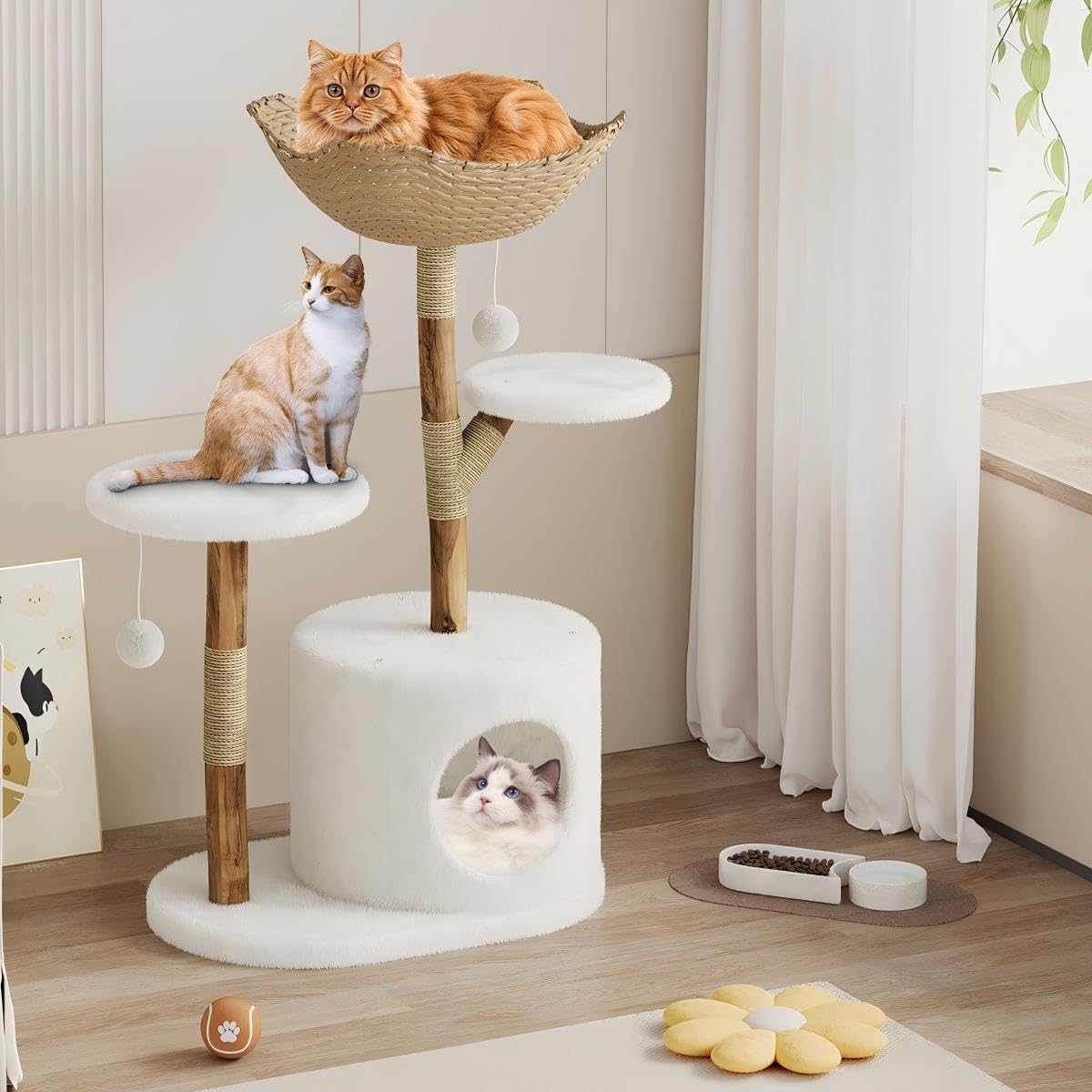 GAOMON Modern Real Wood Cat Tree Tower for Large Cats Luxury Pear Wood ...