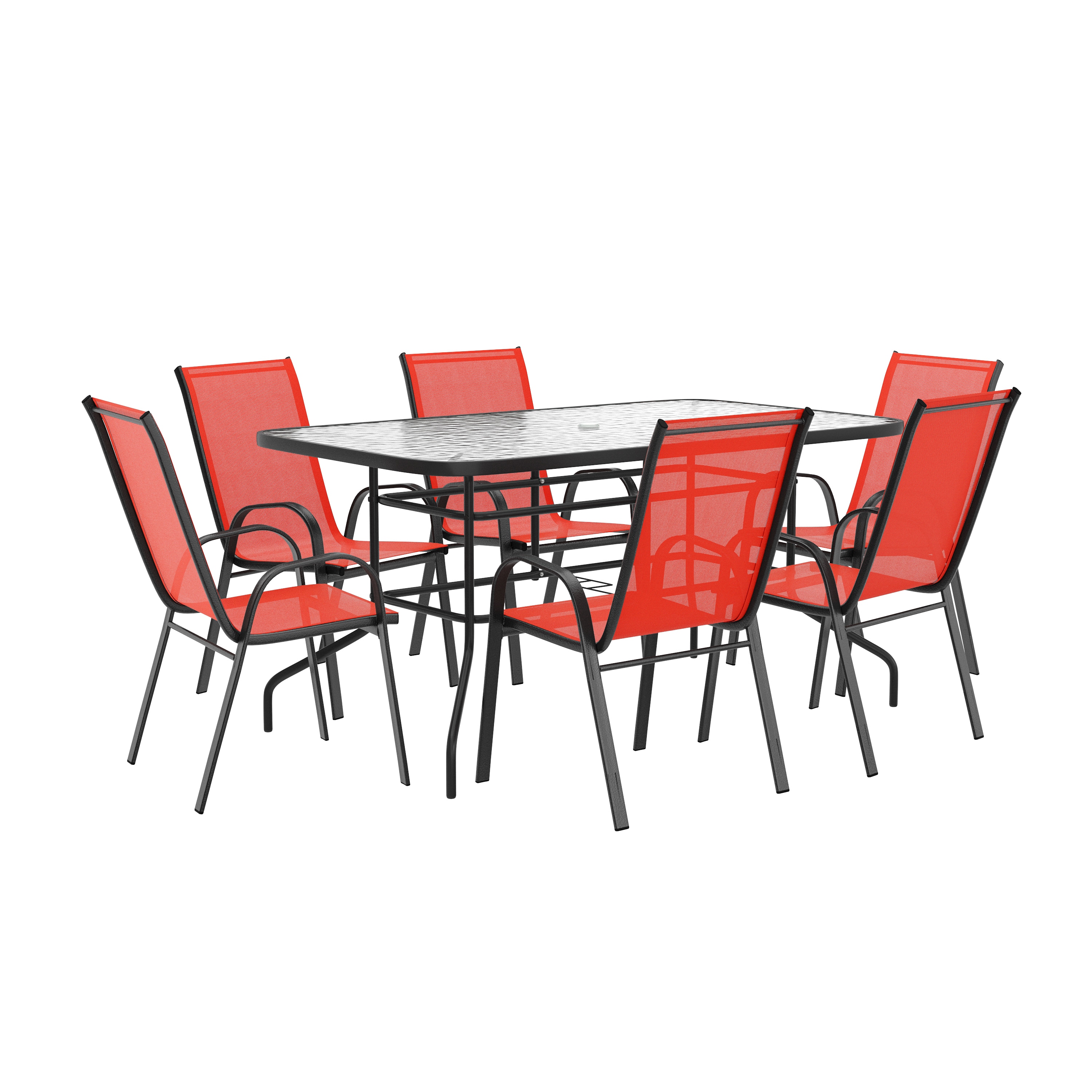 Flash Furniture 889142872436 Brazos 7 Piece Outdoor Patio Dining Set - 55-in Tempered Glass Patio Table with Umbrella Hole; 6 Red Flex Comfort Stack Chairs