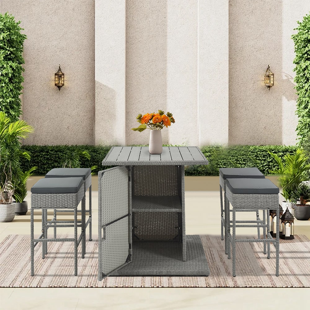 Topcraft PJTC018 Patio Dining Sets 5 -Piece Steel Wicker Patio Dining Set Rattan Square Table with 4 Gray Cushions Stationary Chairs