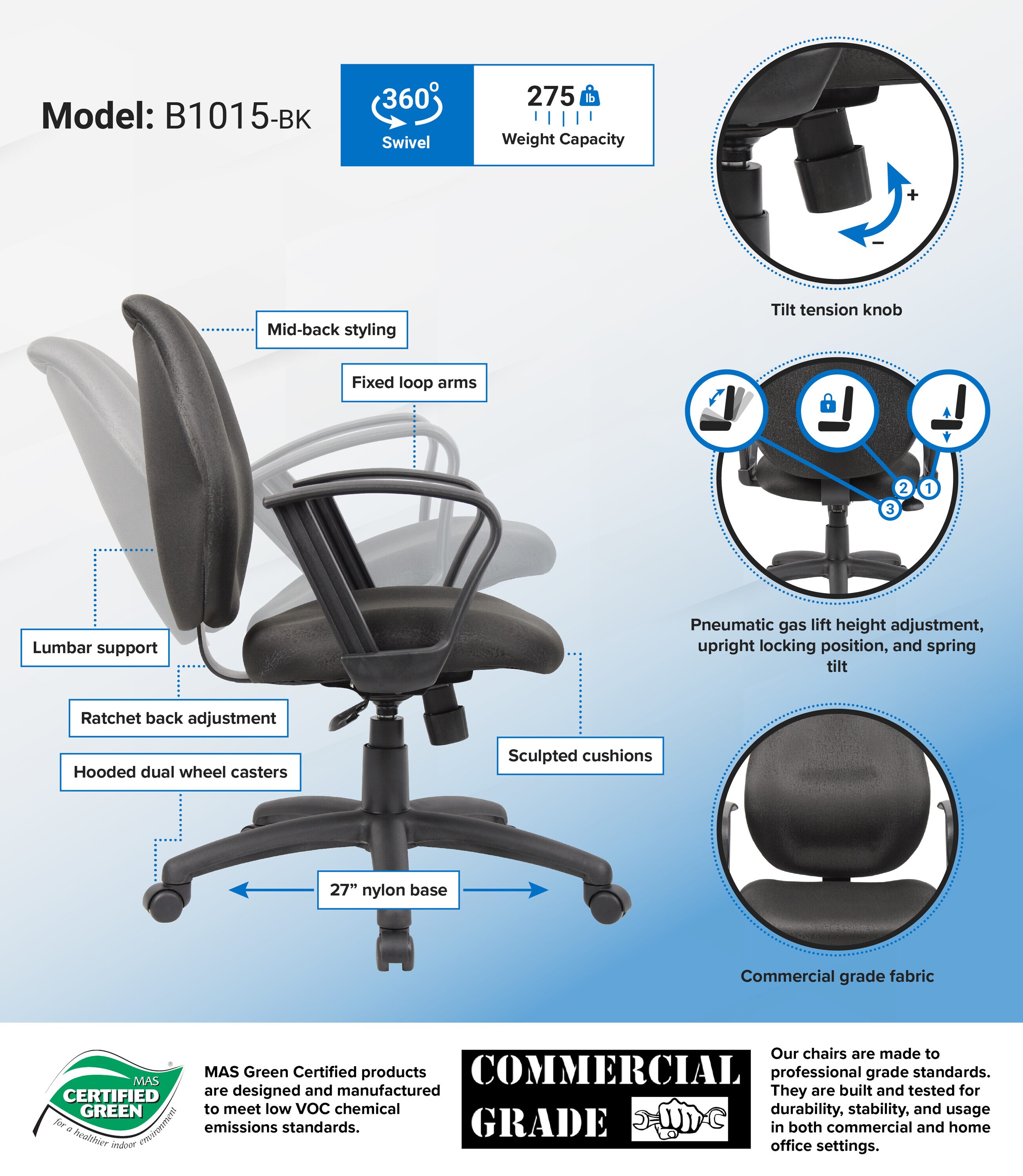 ErgoComfort Mid-Back Black Fabric Task Chair with Fixed Arms