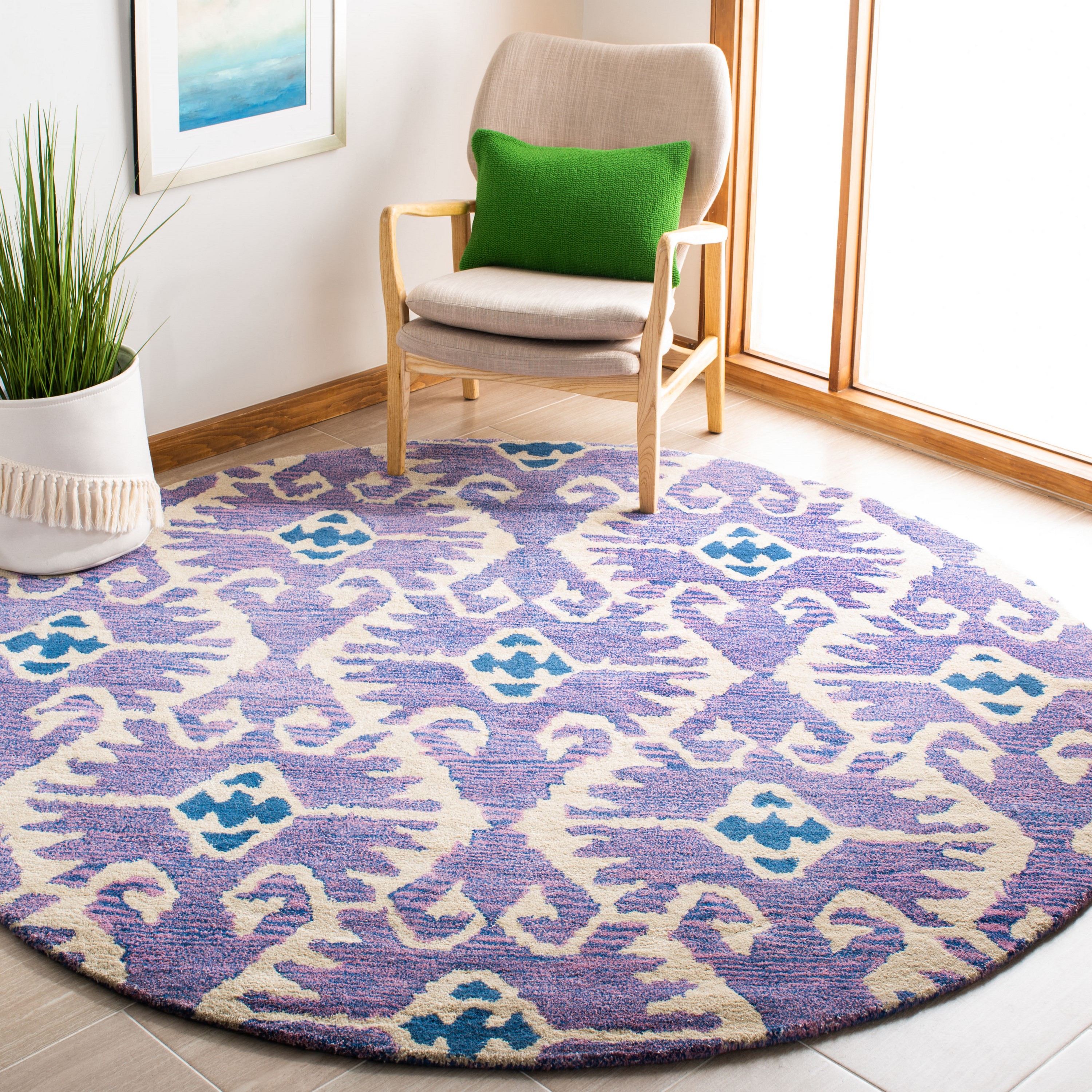 Safavieh WYD323A-7R Wyndham Ince 7 x 7 (ft) Tufted Wool Lavander/Ivory Round Indoor Ikat Bohemian/Eclectic Area rug