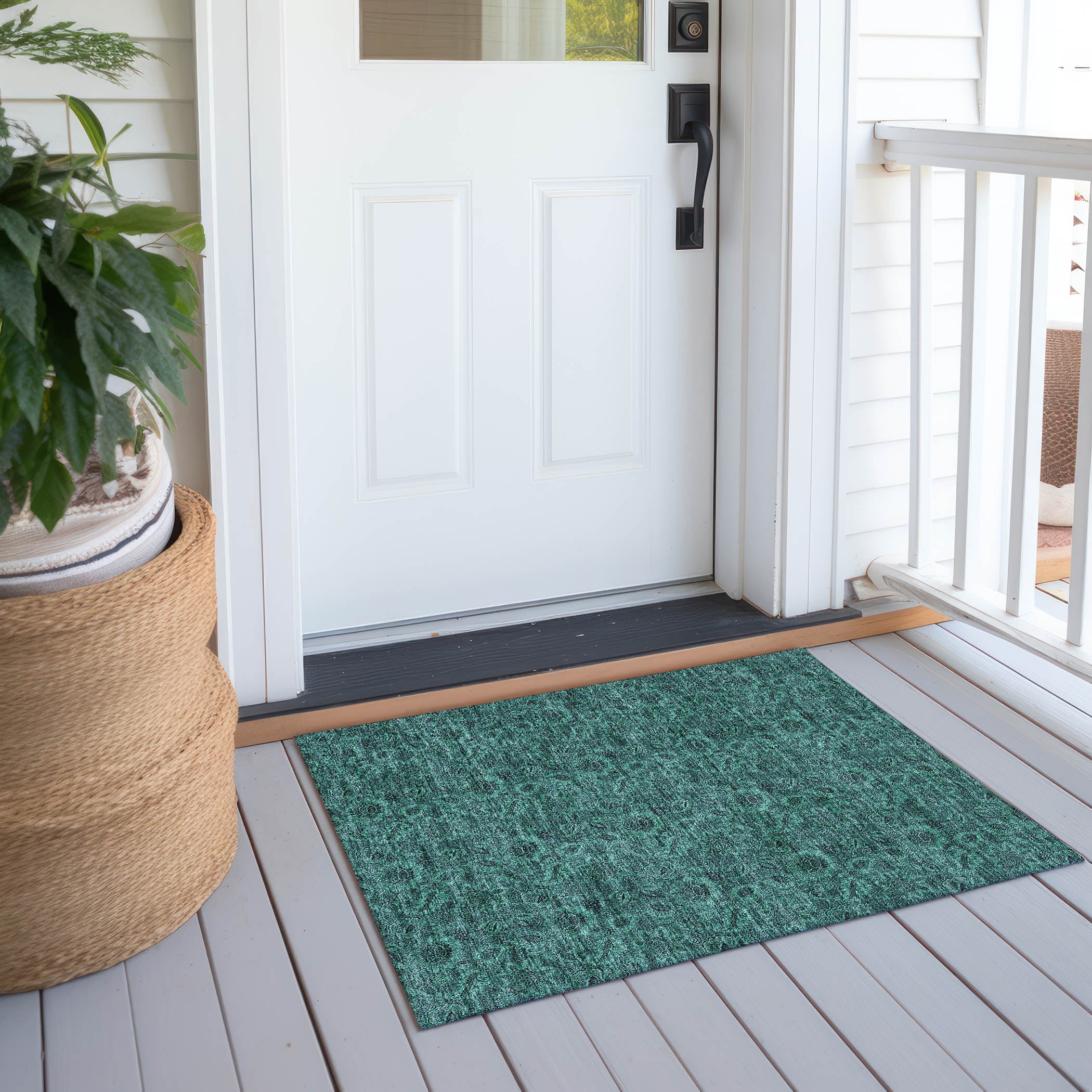 Teal Synthetic Flat Woven Reversible Indoor Outdoor Rug