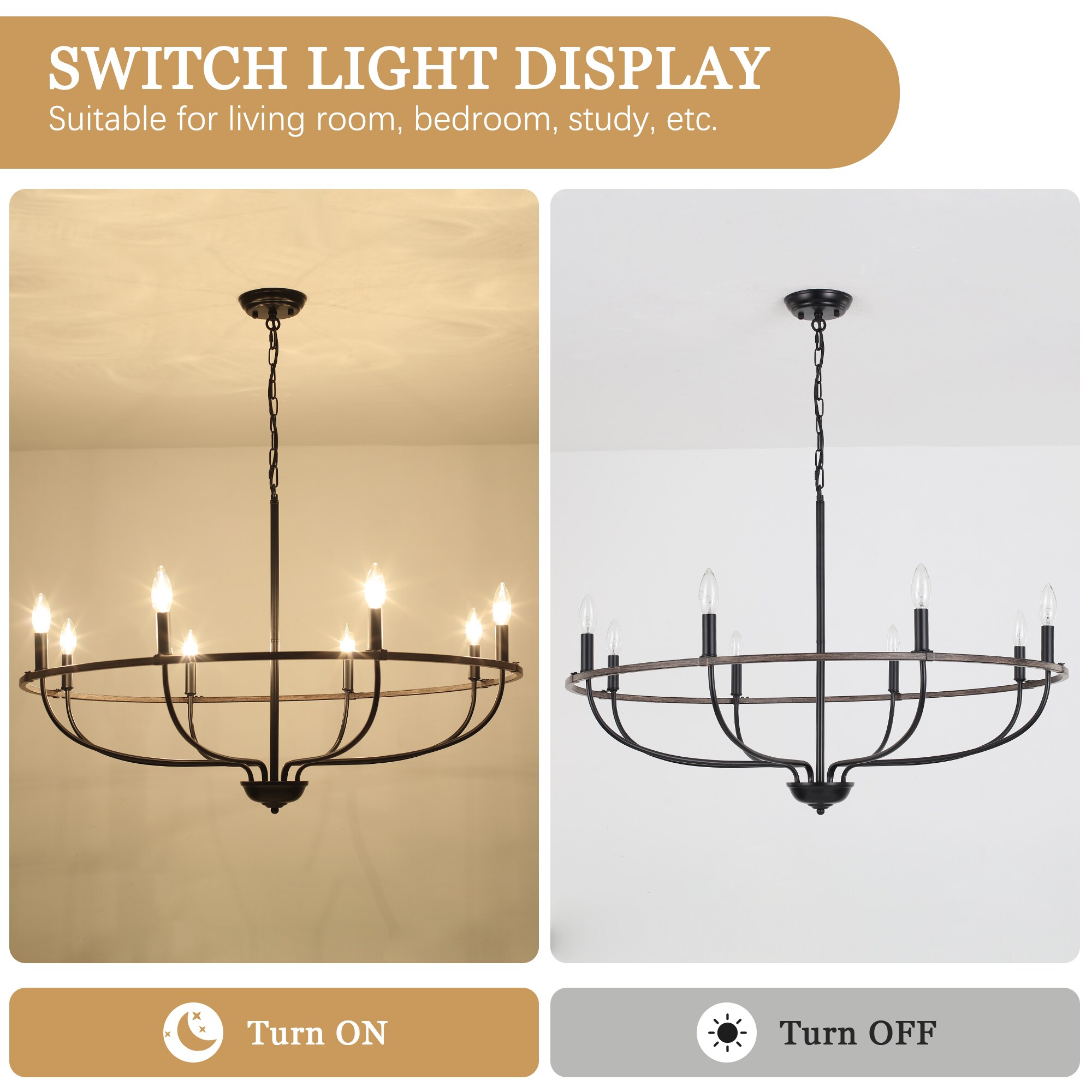 Zjvaive 35.43-in 8-Light Black And Brown Metal Farmhouse Chandelier ...