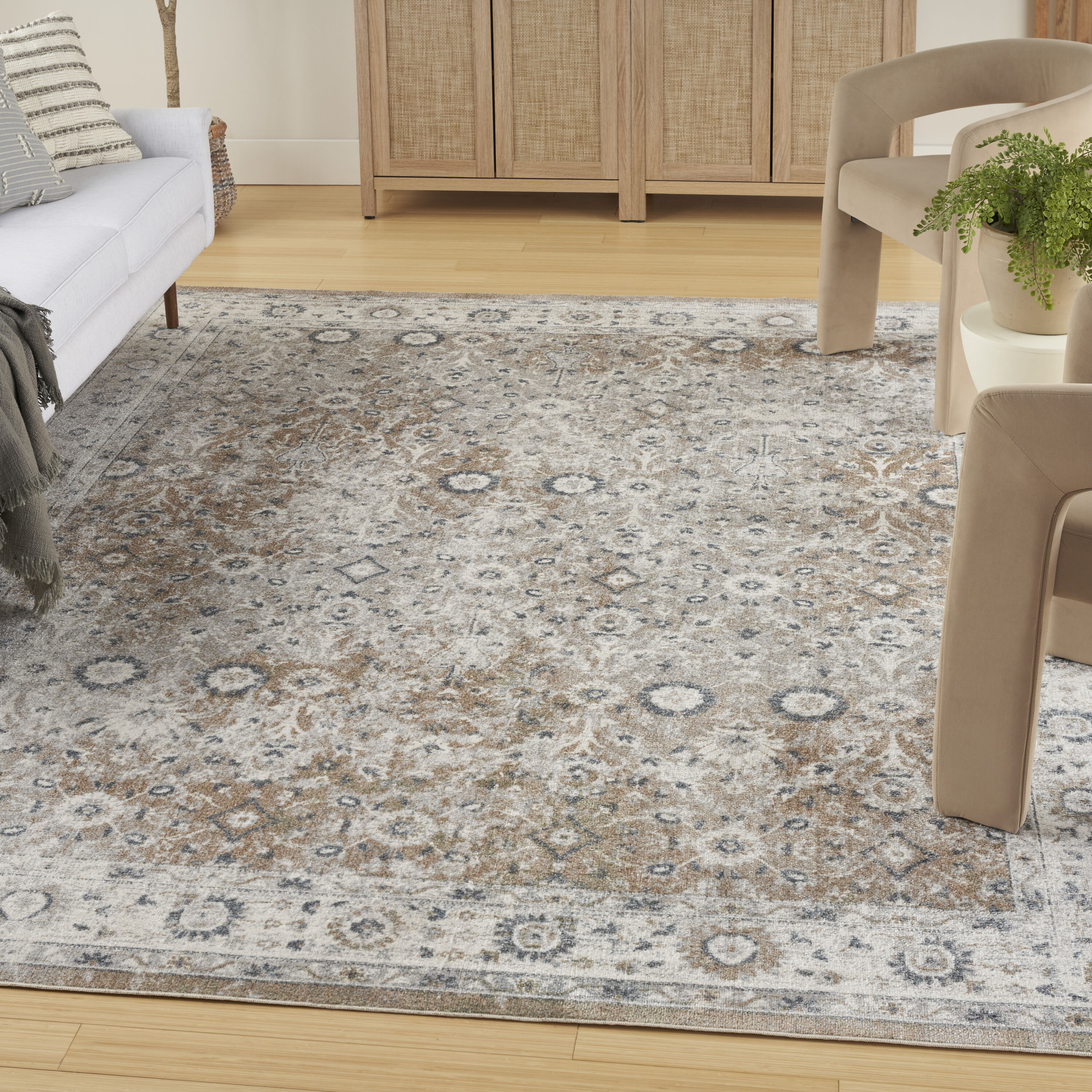 Nourison Home 099446978042 Astra Machine Washable 7 x 9 (ft) Loomed Polyester Silver Taupe Rectangular Indoor Medallion Persian Machine washable Area rug