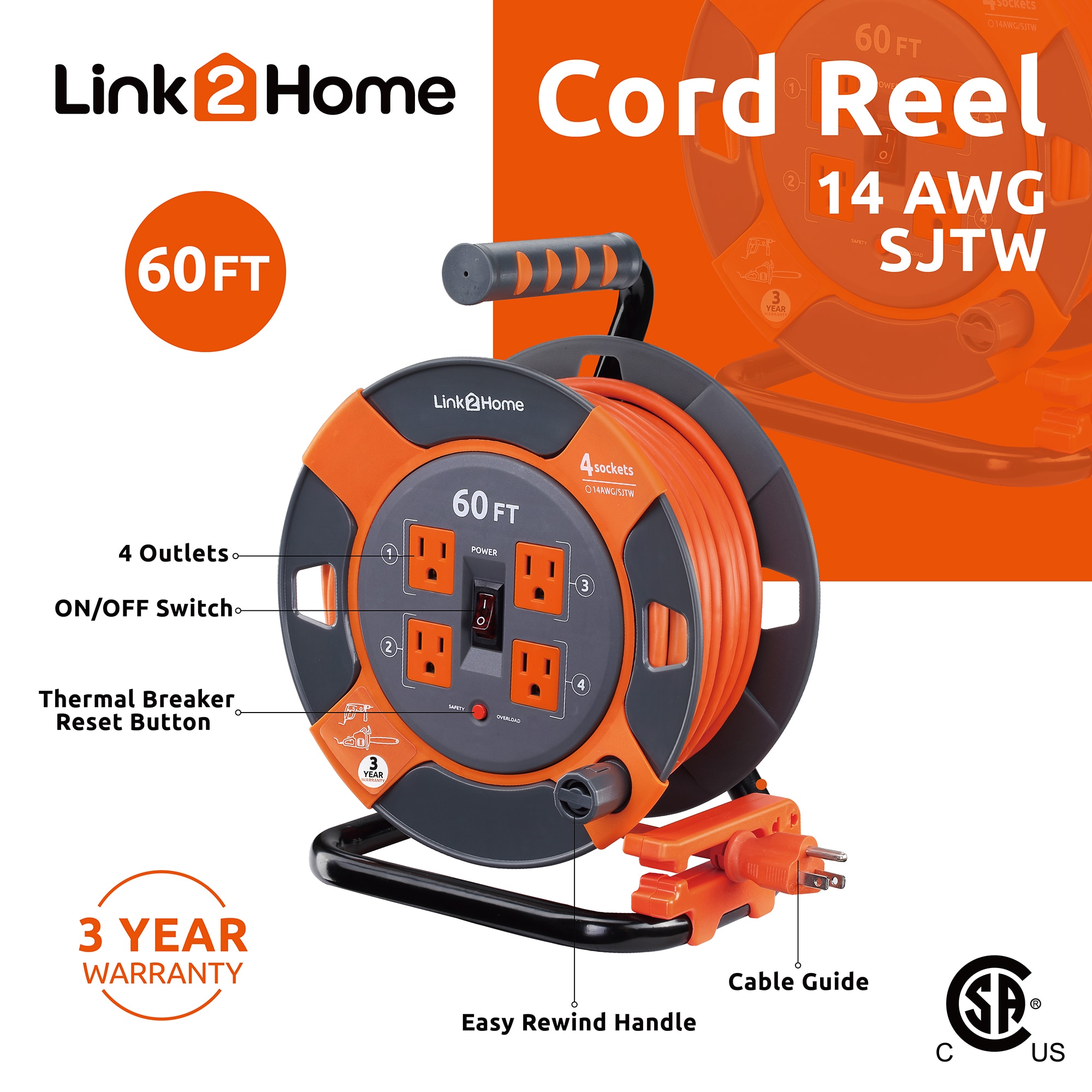 LINK2HOME Cord Reel Power Management 60-ft 14/3 3-Prong Indoor/Outdoor ...