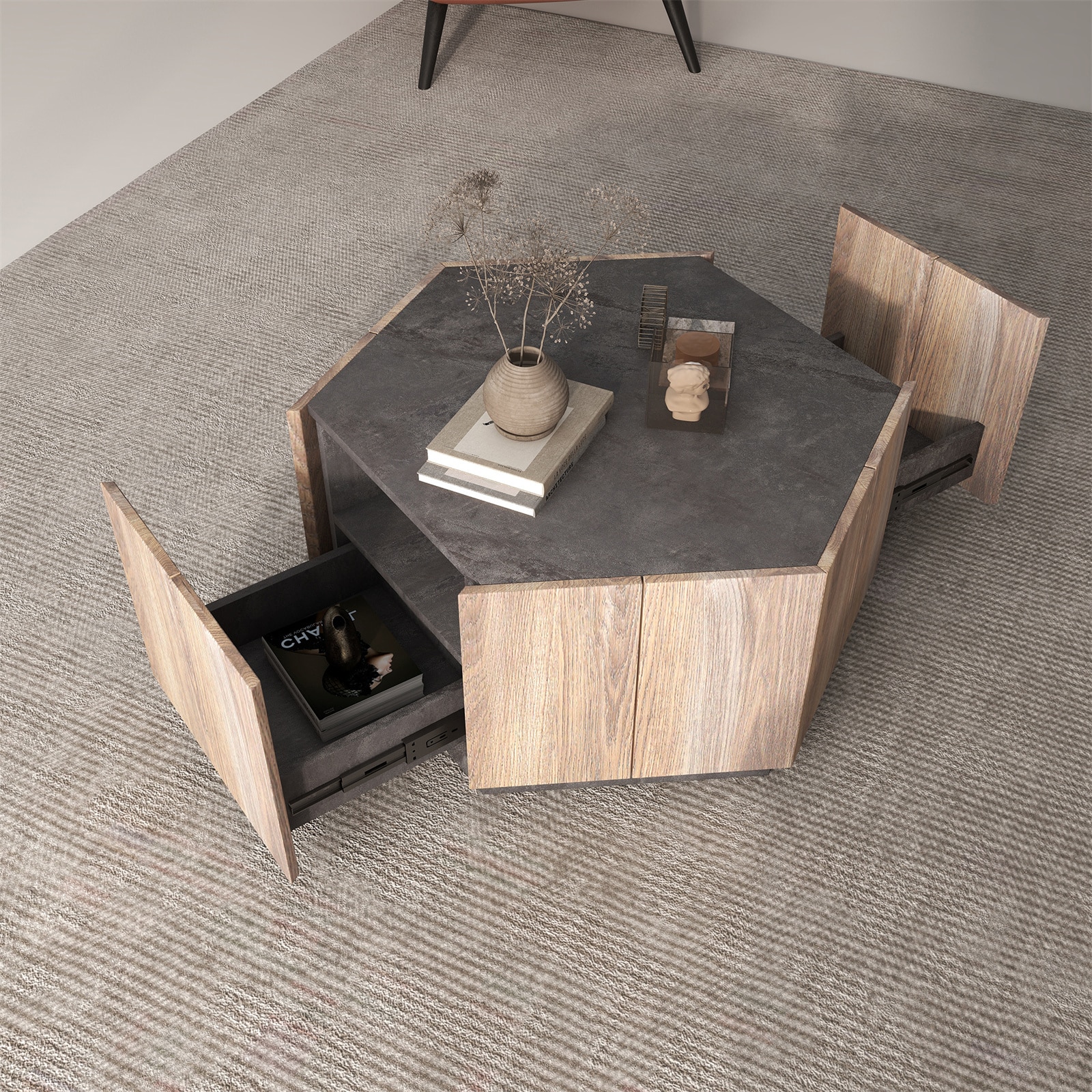 BESTCOSTY W881SLJW00001ZYYRL 31.81-Inches W x 15.75-Inches H Light Brown Wood Hexagon Modern End Table with Storage Assembly Required