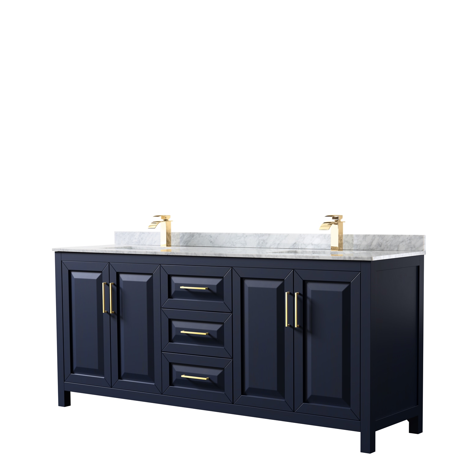 Wyndham Collection WCV252580DBLCMUNSMXX Daria 80-in Dark Blue with Brushed Gold Trim Undermount Double sink Bathroom Vanity with White Carrara Marble Marble Top
