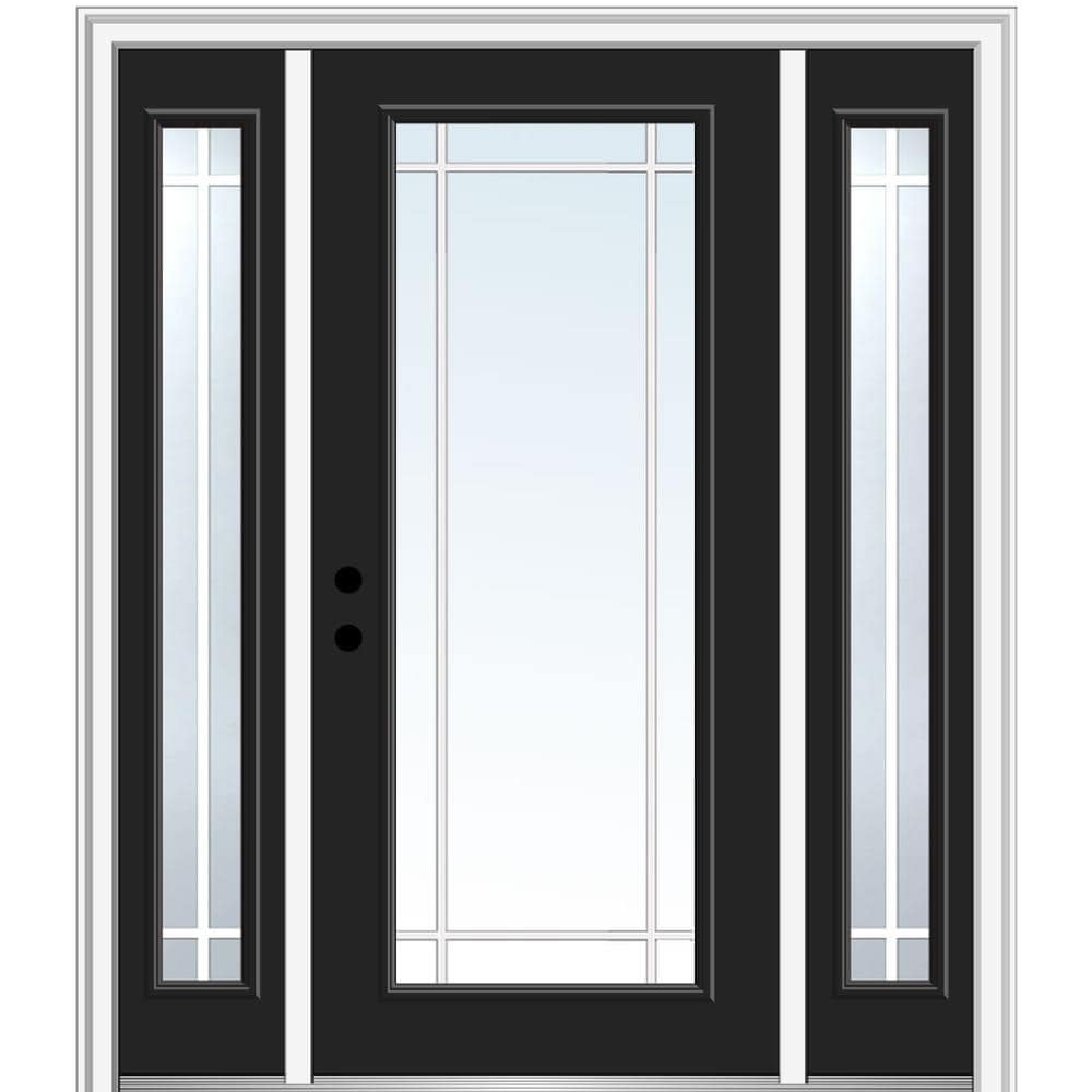 MMI DOOR ZZ361476R 60-in x 80-in x 6-9/16-in Fiberglass Full lite Right-hand inswing Black Painted Prehung Front Door with Sidelights with Brickmould Insulating core with Grilles