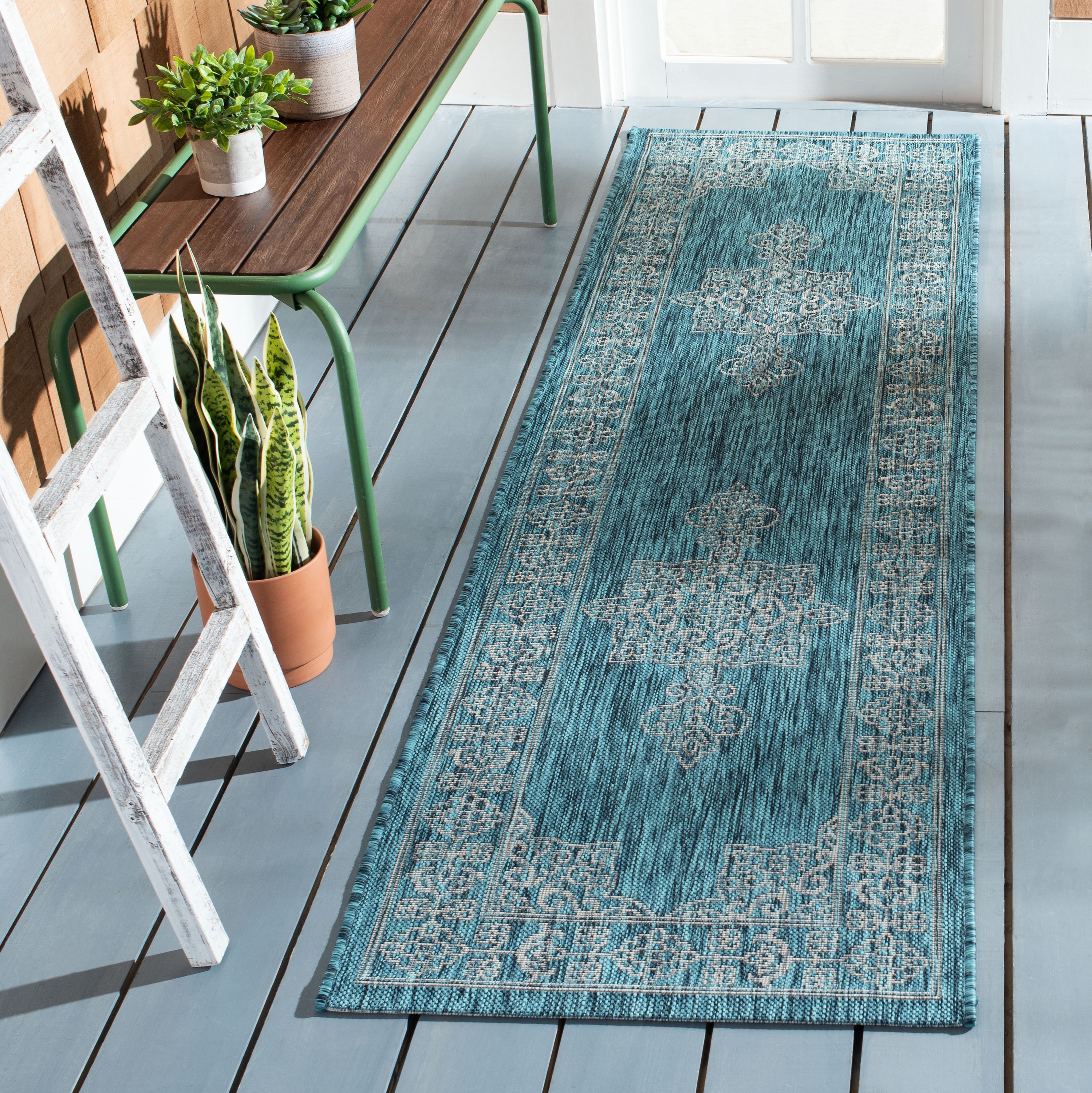 Safavieh CY8232-37221-28 Courtyard 2 x 8 (ft) Loomed Polypropylene Teal/Ivory Rectangular Indoor/Outdoor Abstract Coastal Runner rug