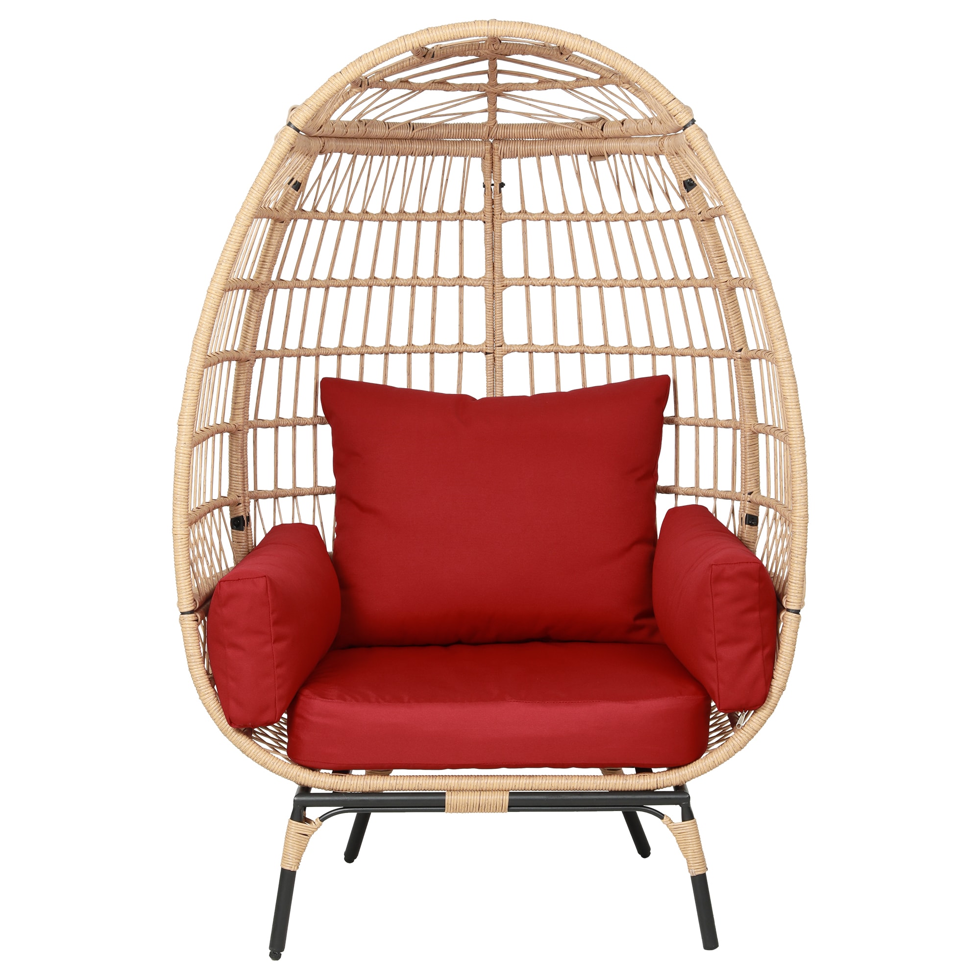 Patio Watcher RT-EGG-B1 Egg chair Rattan Beige Metal Frame Stationary Egg Chair with Red Cushioned Seat