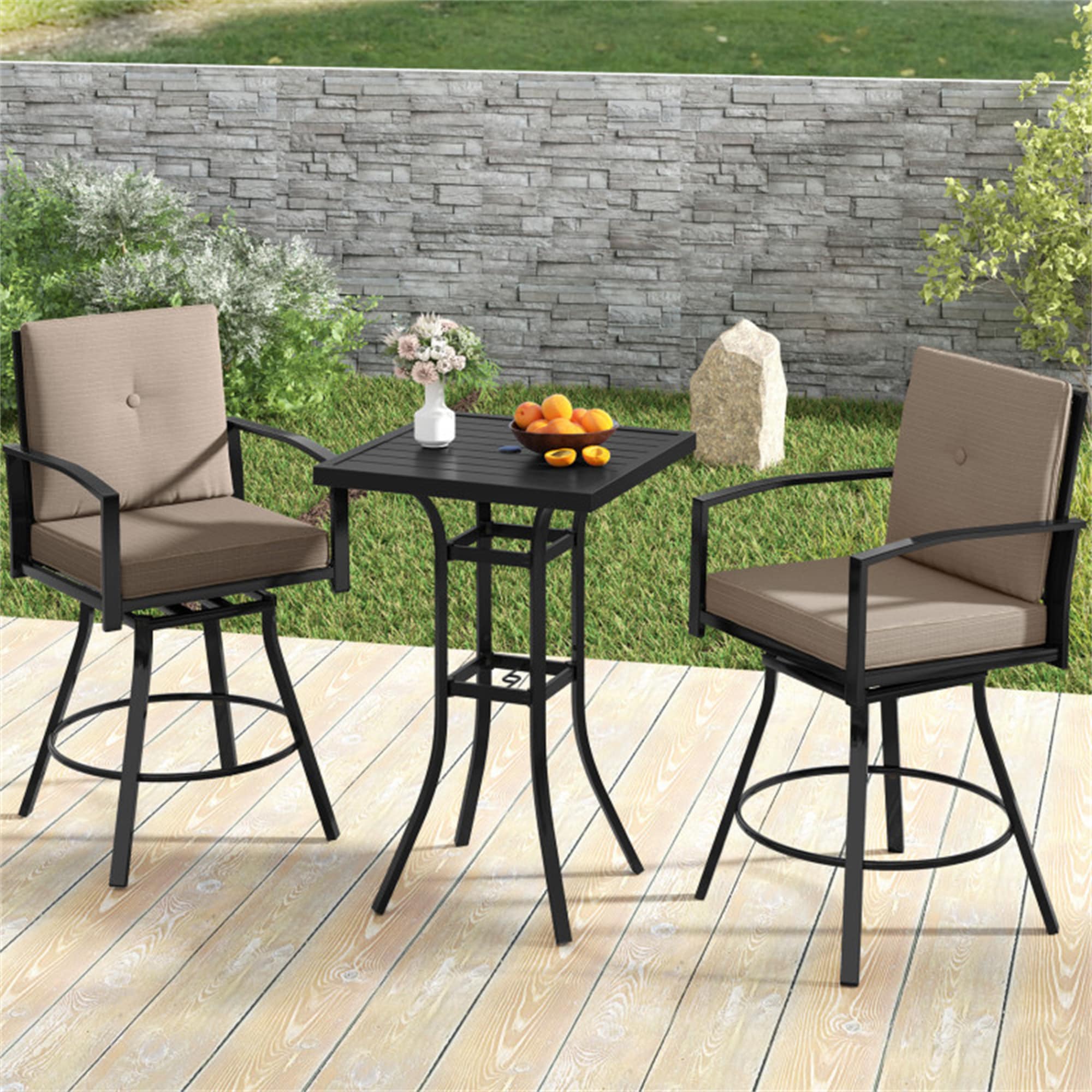 BABOOM BOM-P10965+-CO Patio Swivel Bar Set 3 -Piece Black Balcony Height Patio Dining Set Iron Square Table with 2 Brown Cushions Swivel Chairs