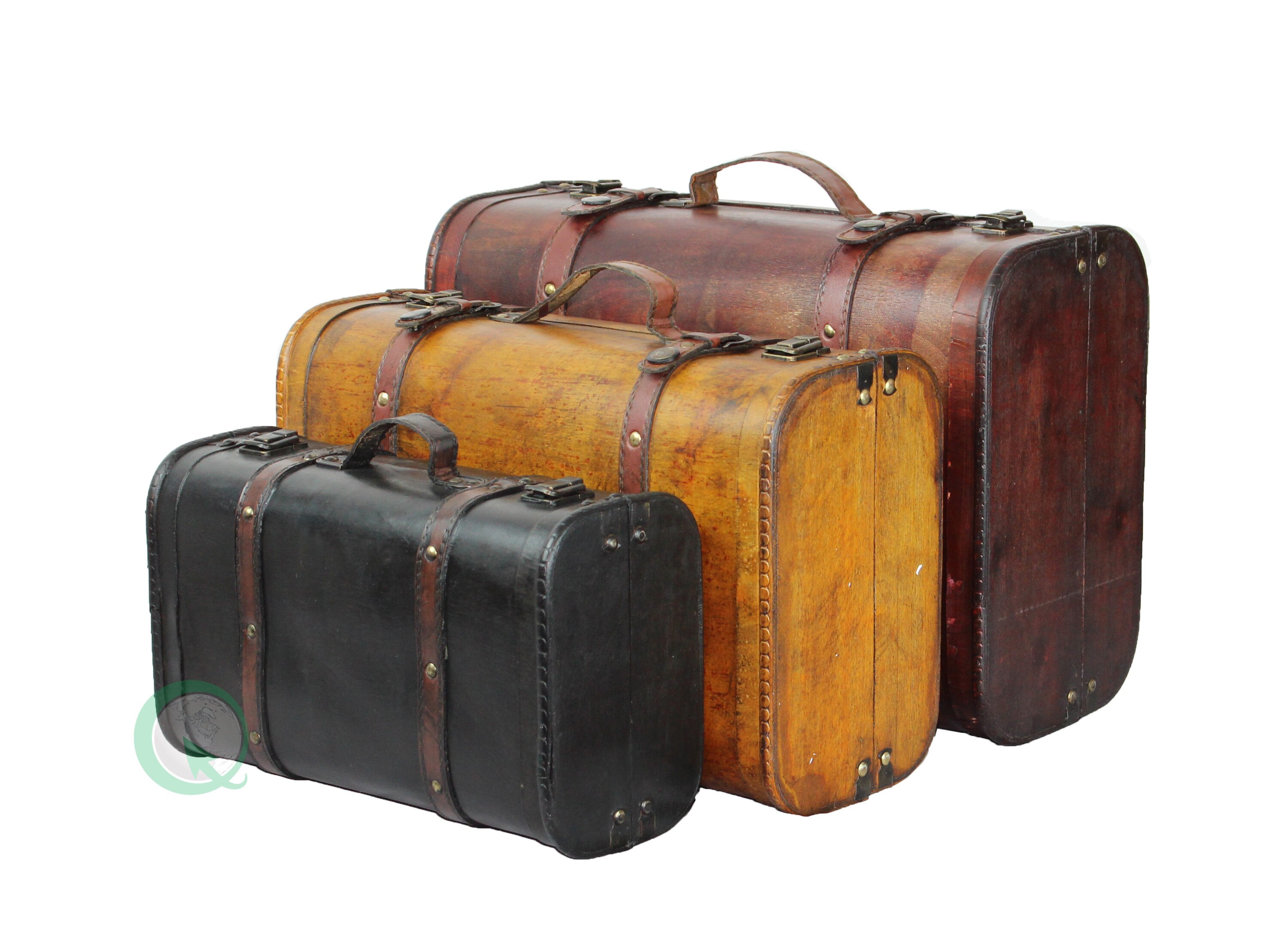 Set of 3 Antique Leather Luggage Cabin Trunks - Carrocel Fine