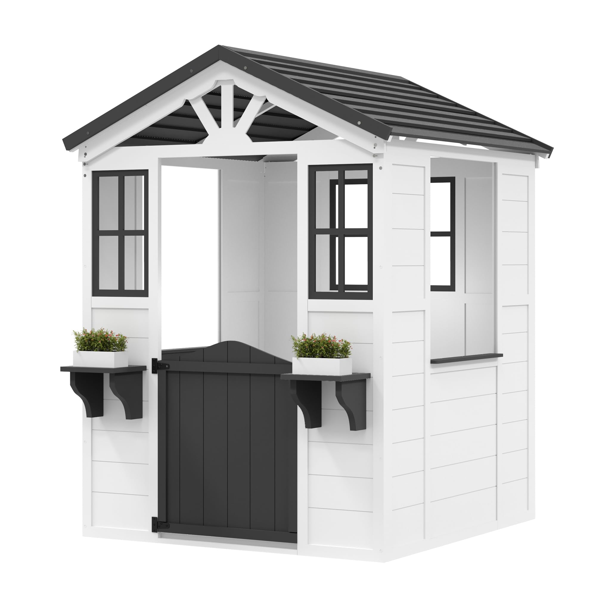 Garvee - Wooden Kids Playhouse with Play Kitchen Wooden Adventures Cottage for Backyard Outdoor T...