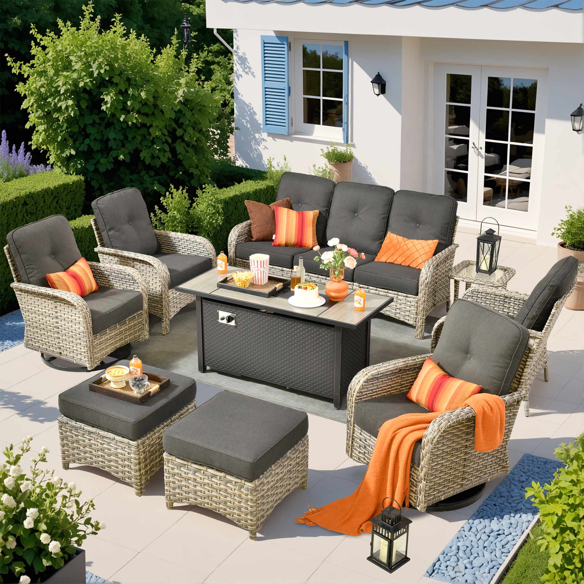 ALTRIGUS LCFP8503YZVNC10091AL 9 -Piece Wicker Patio Sofa Conversation Set with Black Cushions