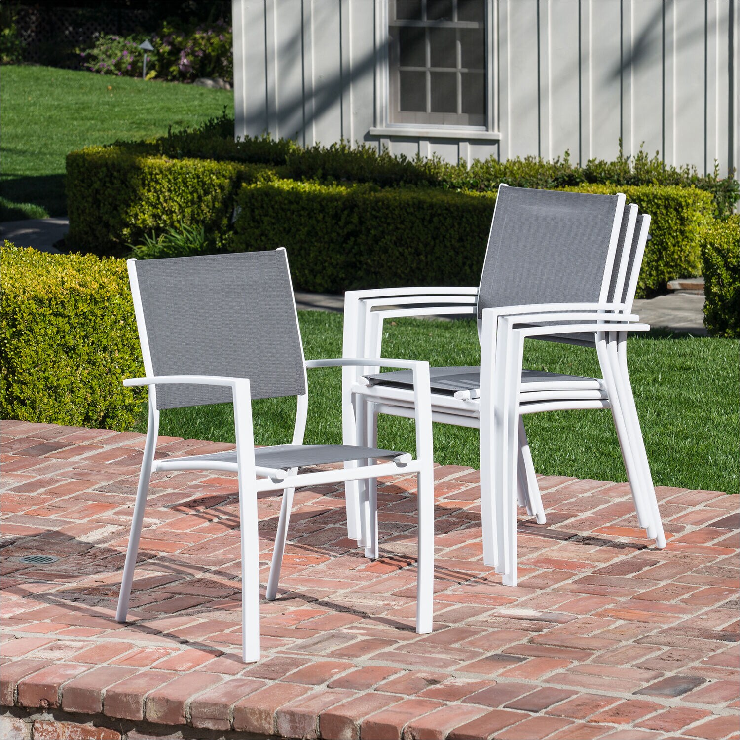 Compact 5-Piece Outdoor Dining Set with Foldable Slat-Top Table and Stackable Chairs in White/Gray