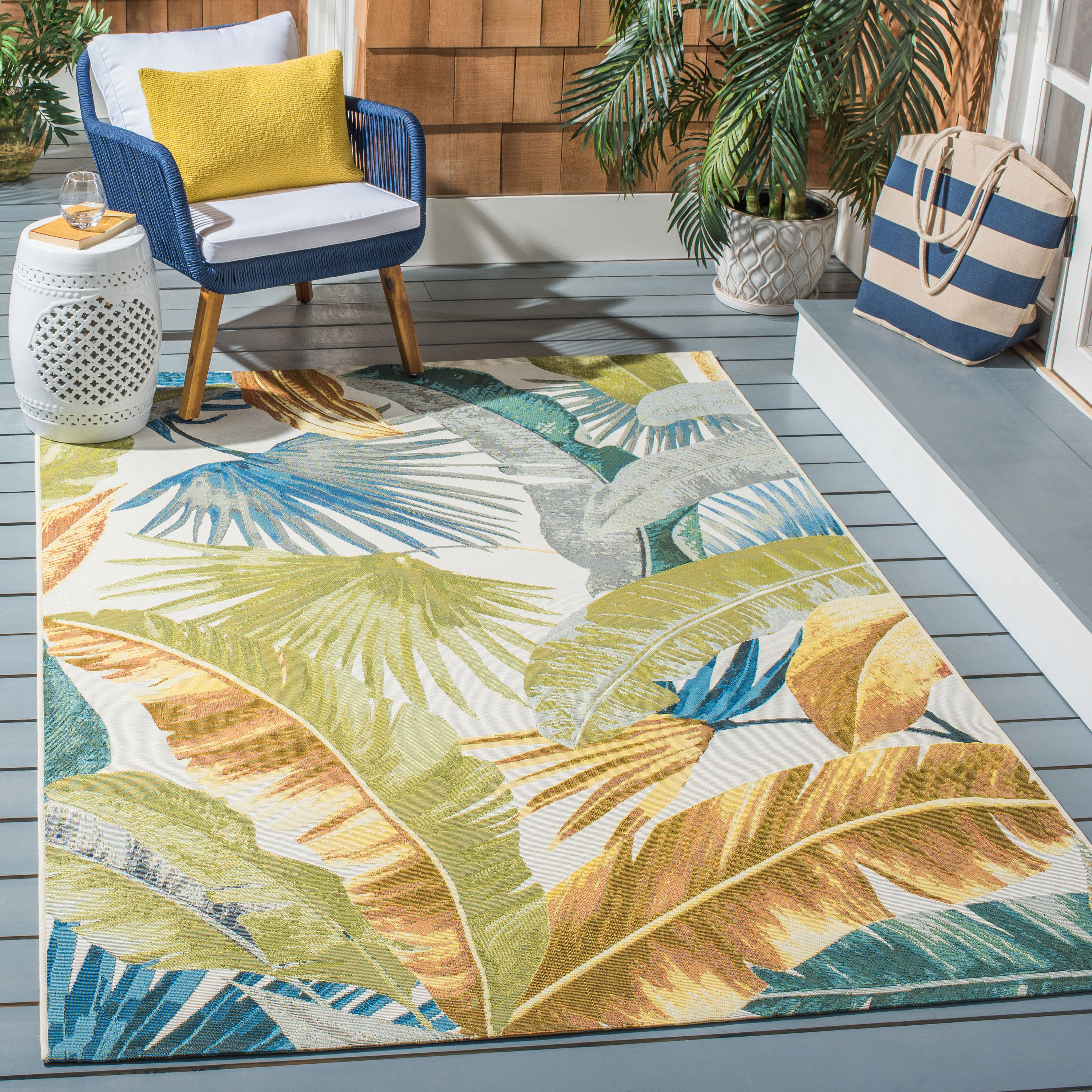 SAFAVIEH Barbados Banana Leaves Outdoor Area Rug, Gold/Green, 8' x 8' Square