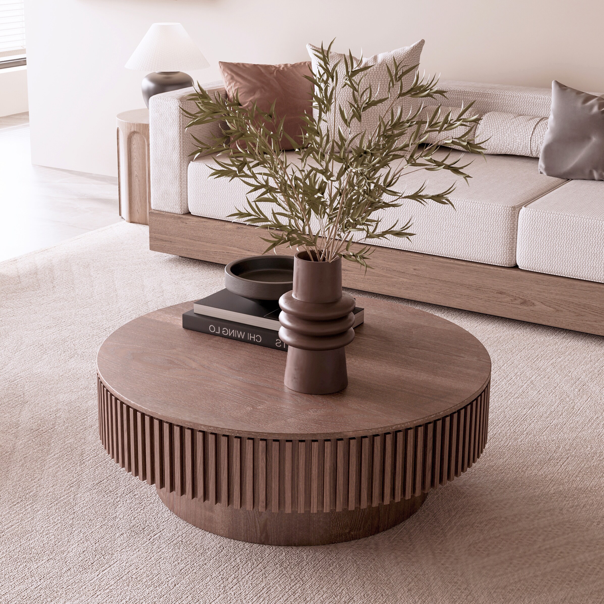 LOVMOR - 39 Inch Round Coffee Table With Storage Solid Wood Veneered Modern Coffee Table Accent T...