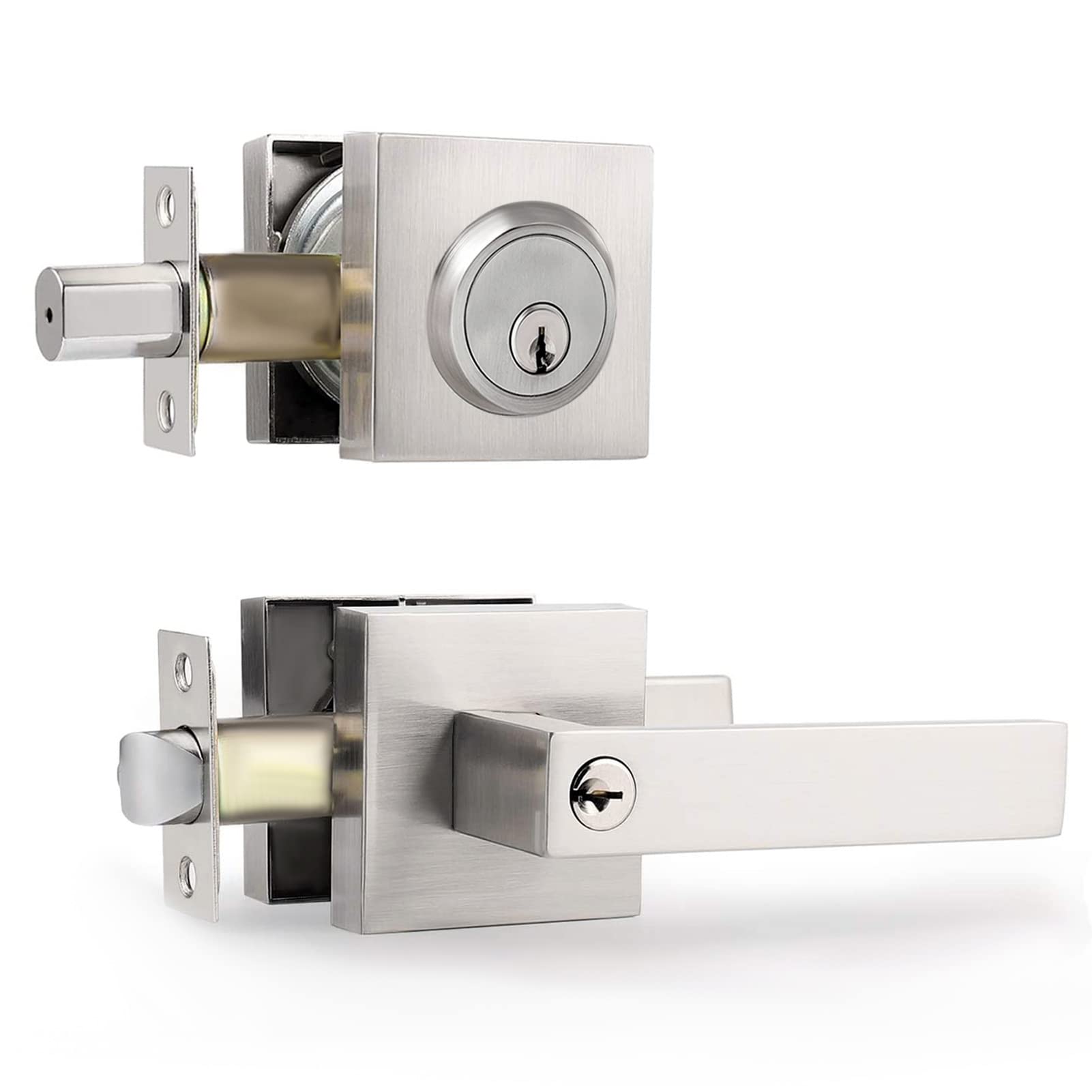 Oyezvary  Satin Nickel Exterior Door Lock Set with Deadbolt and Entry Lever for Residential and Commercial Doors durable home and garden