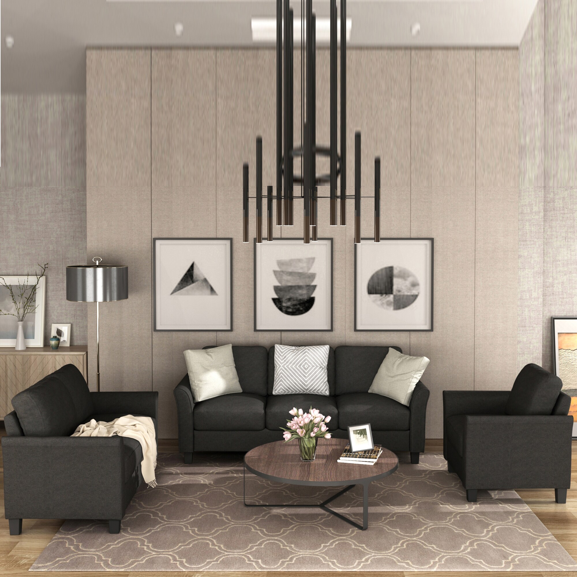 Clihome Linen Sofa Set (1+2+3 Seat) Modern 3-Piece Linen Black Living ...