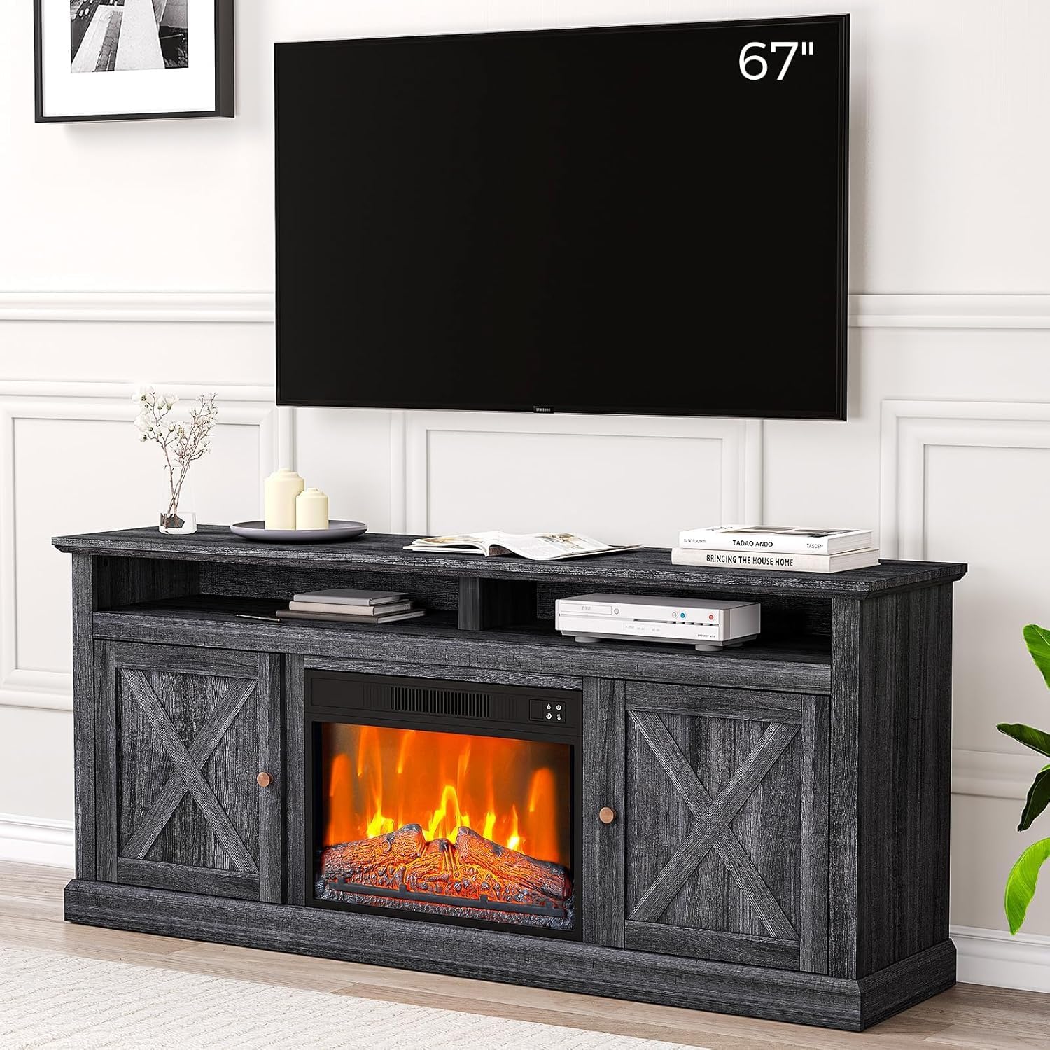 Qeetex LHF-DSG-PHO-10P6OZY5 Fireplace Tv Stand for 67 Inch Tv 23inch Electric Fireplace Heater and Media Entertainment Center Console Table with Remote Control Timer Adjustable Led Flames Freestanding Tv Stand for Living Room