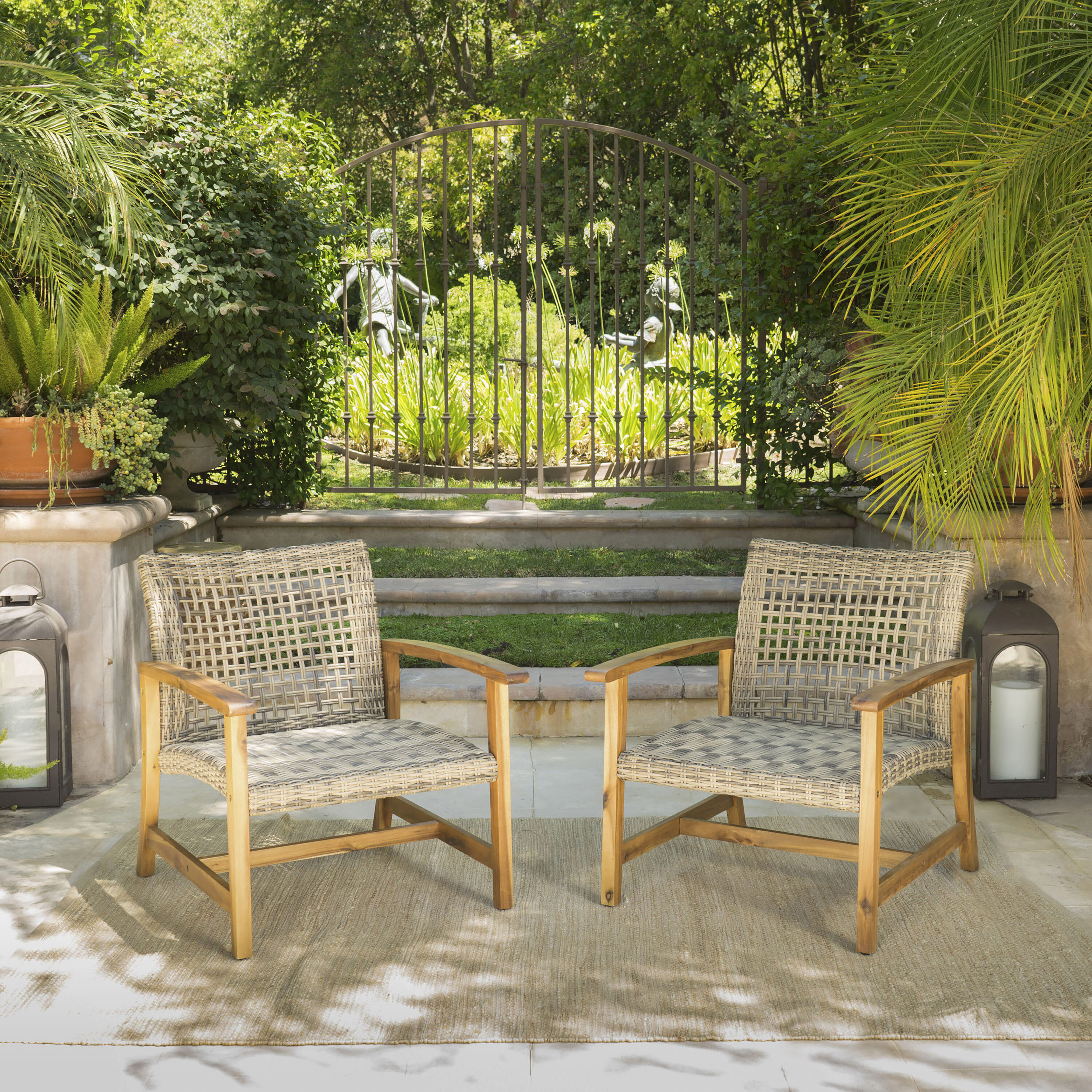Moda Furnishings MD60397-WTC Classic Set of 2 Wicker Natural Wood Frame Stationary Conversation Chair with Solid Seat