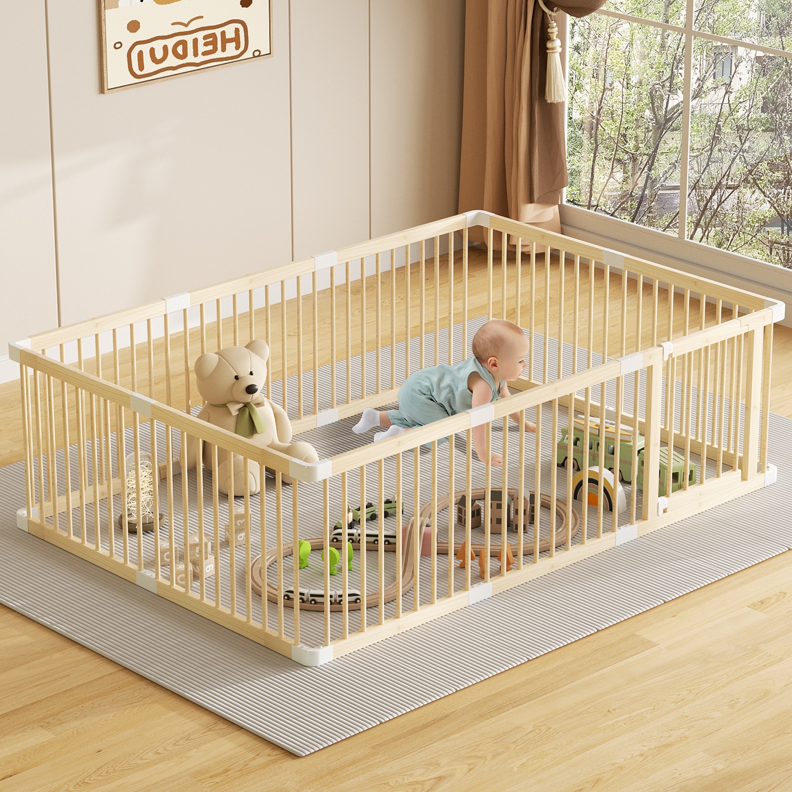 LOVMOR Large Wooden Baby Playpen 83-in x 24-in Baby Fence Play Yard with Door