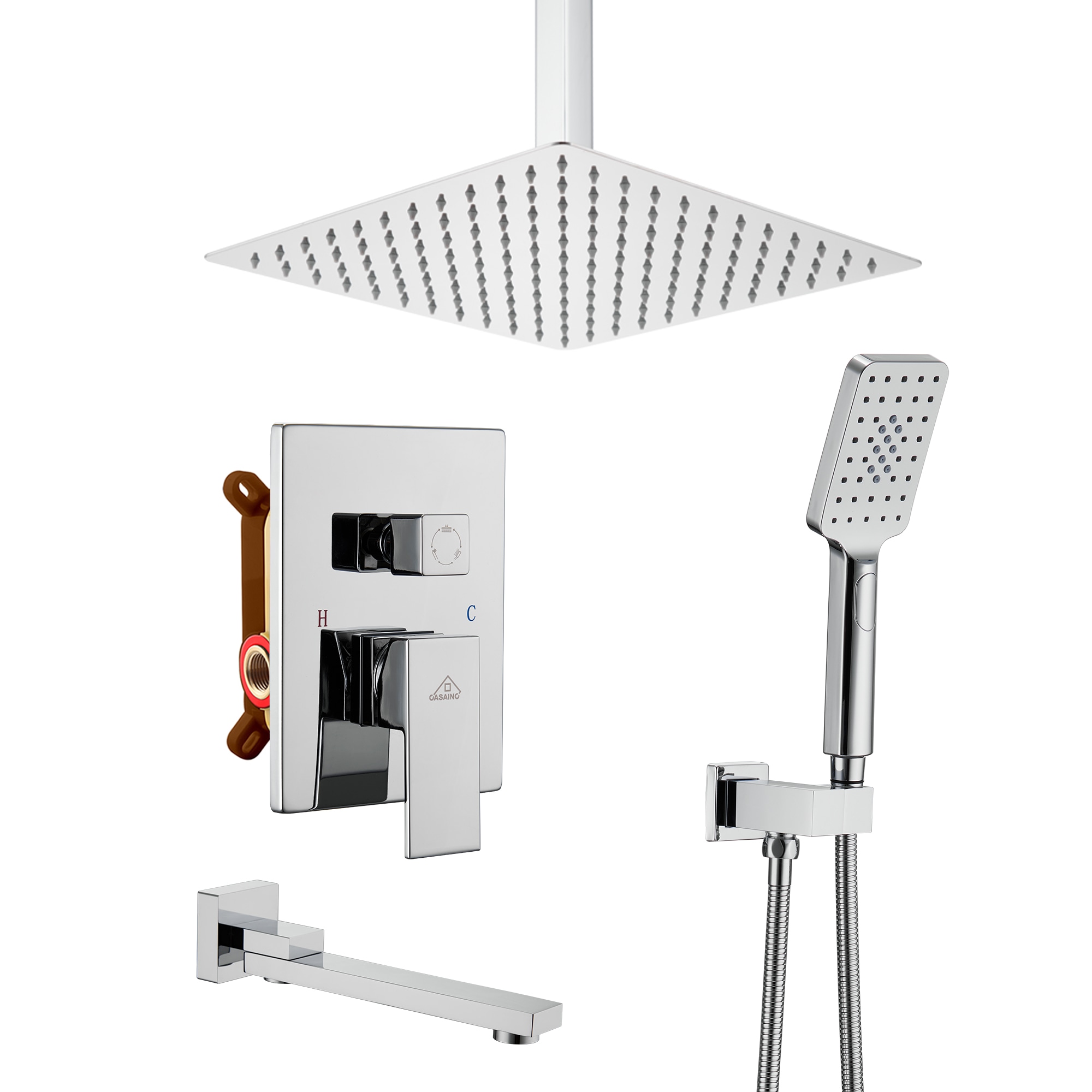 Chrome Dual Square Rainfall Shower Head with Handheld