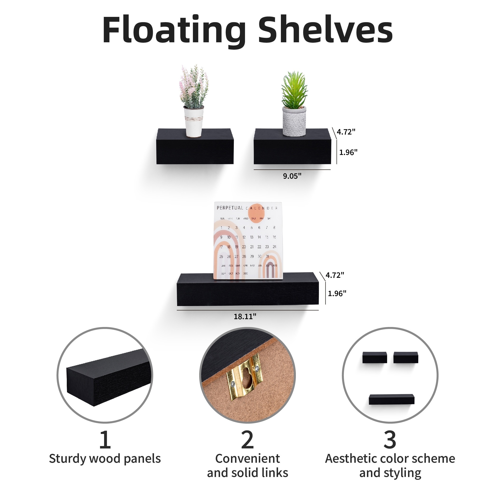 SPACELEAD 18.11 in Wall Mounted Floating Shelf MDF Construction with Invisible Brackets for Bathroom Bedroom Living Room Kitchen Storage and Display