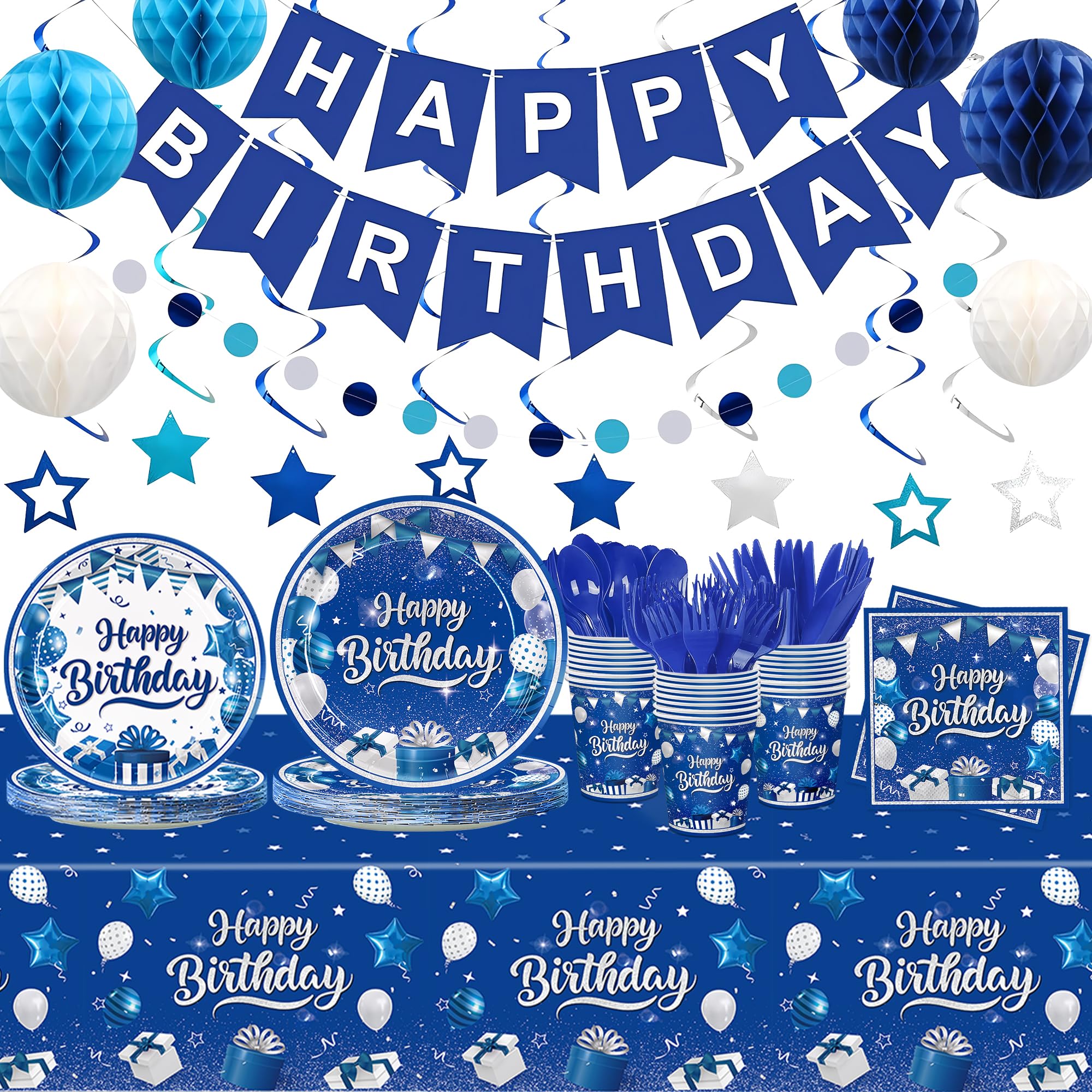 185pcs Blue and Silver Birthday Party Supplies Set Includes Plates Napkins Cups Cutlery Banner Tablecloth Decorations for 24 Guests #LMS0106T12