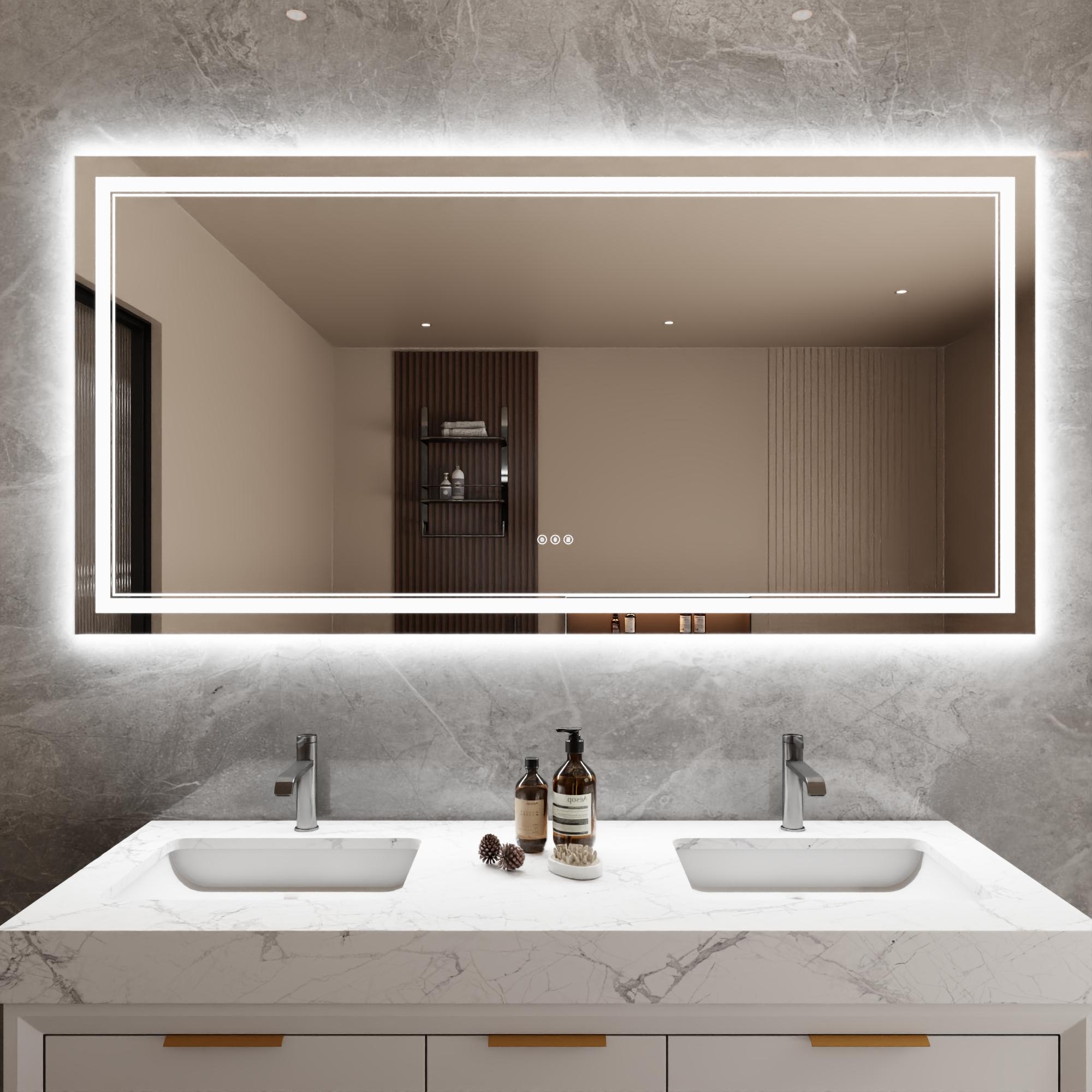 Bayfeve BFXB-11S3672-MIR Modern Multifunction LED Bathroom Mirror 71.81-in x 35.83-in Polished Frameless Rectangle Dimmable LED Lighted Fog Free Bathroom Vanity Mirror ( Silver )